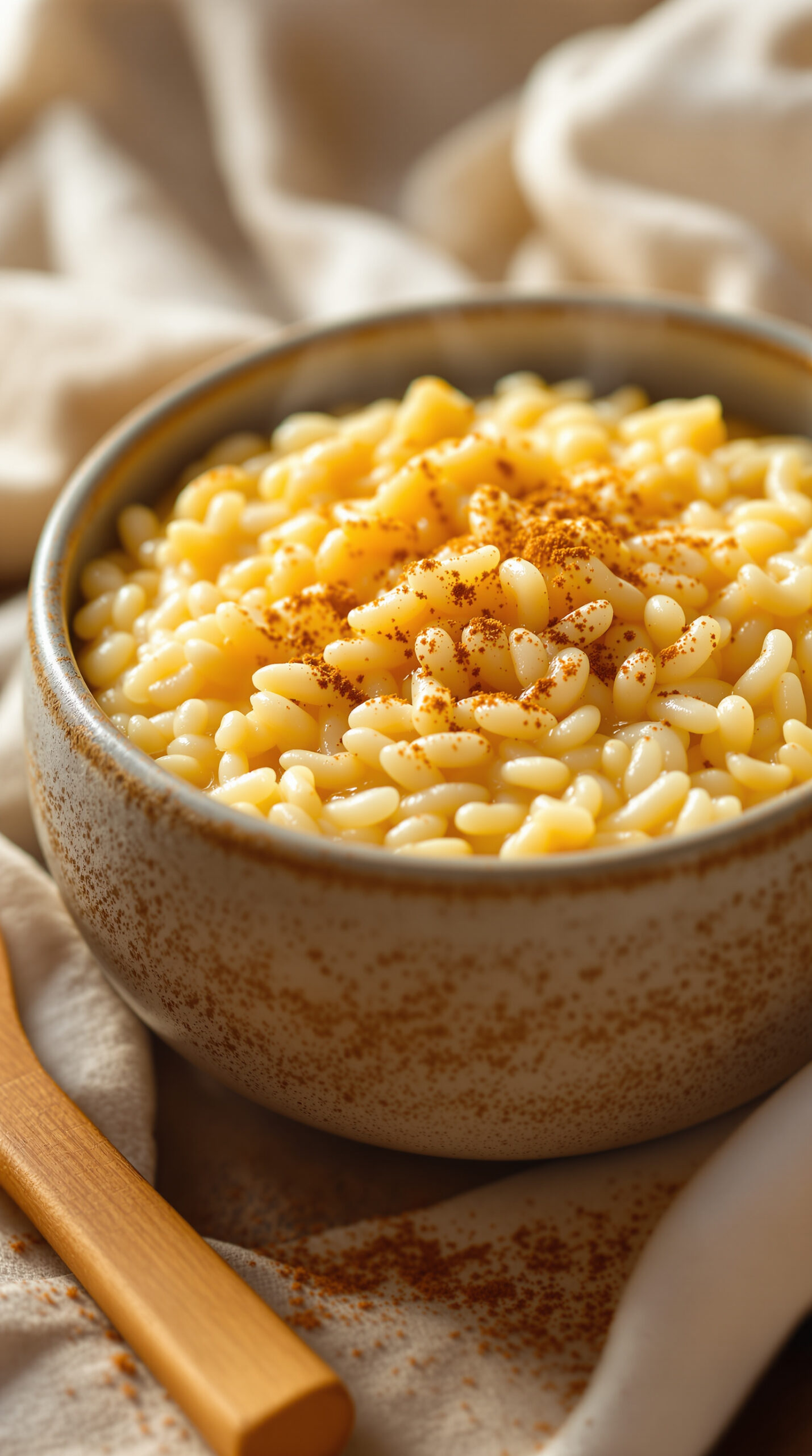 Bol en terre cuite rempli d'arroz con leche fumant saupoudré de cannelle