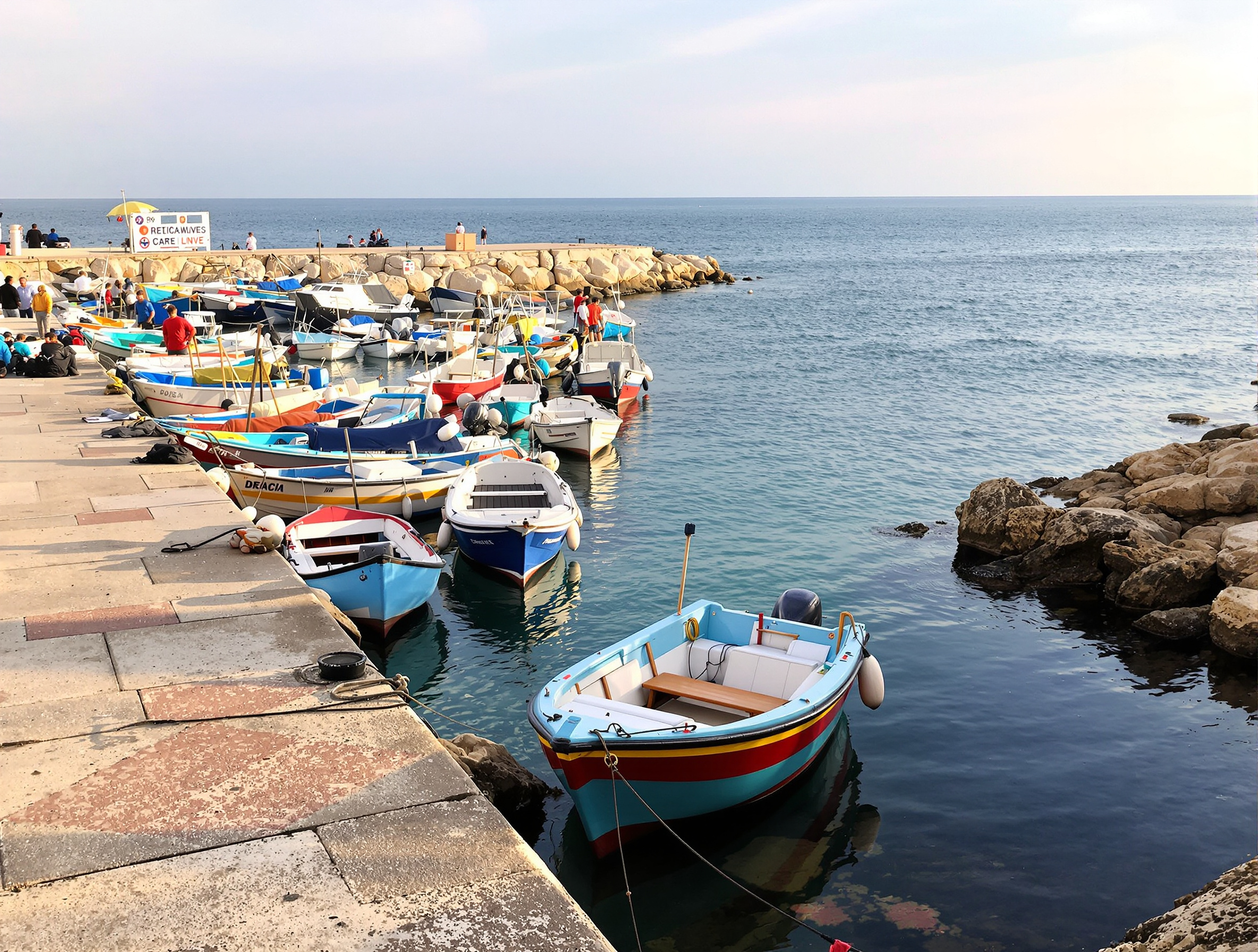 Petit port de pêche catalan tôt le matin avec bateaux colorés amarrés le long du quai