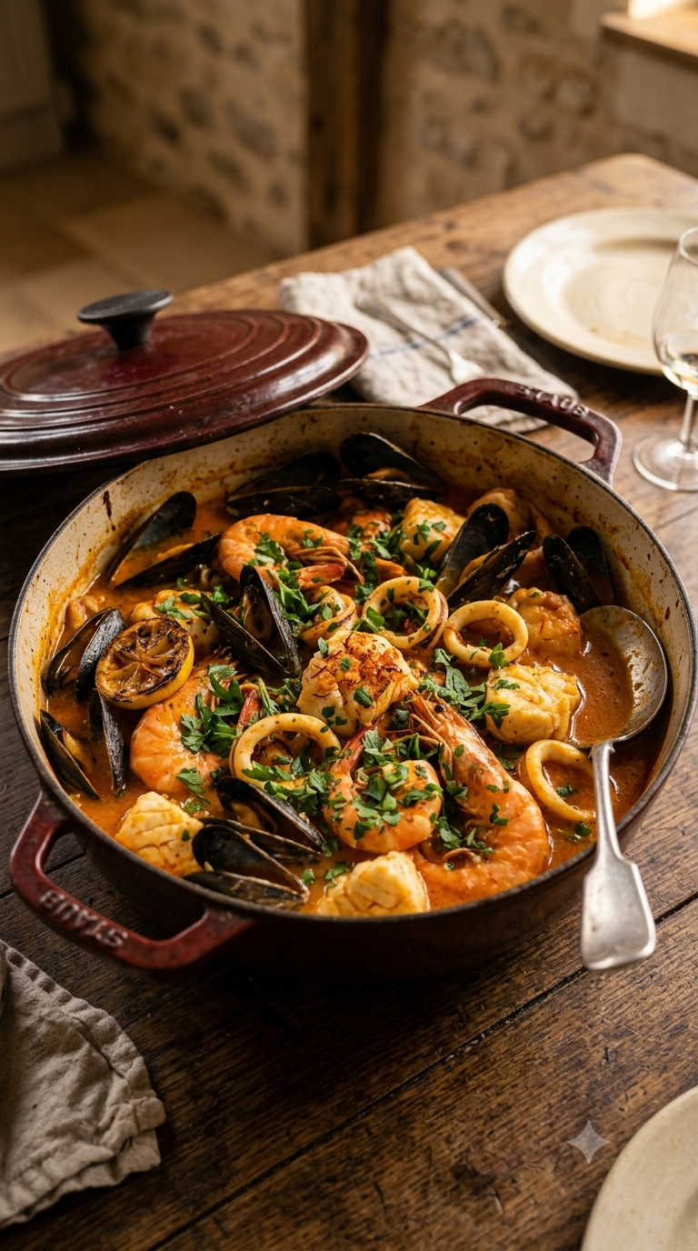 Cocotte de zarzuela de mariscos débordant de moules, crevettes, calamars et poisson dans une sauce tomate safranée