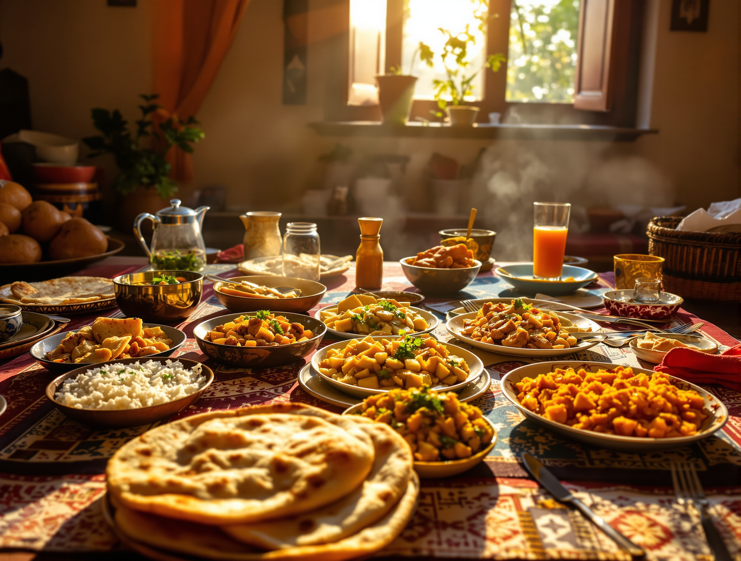 Repas familial servi sur un tapis dans une maison du nord de l'Inde avec plusieurs plats traditionnels