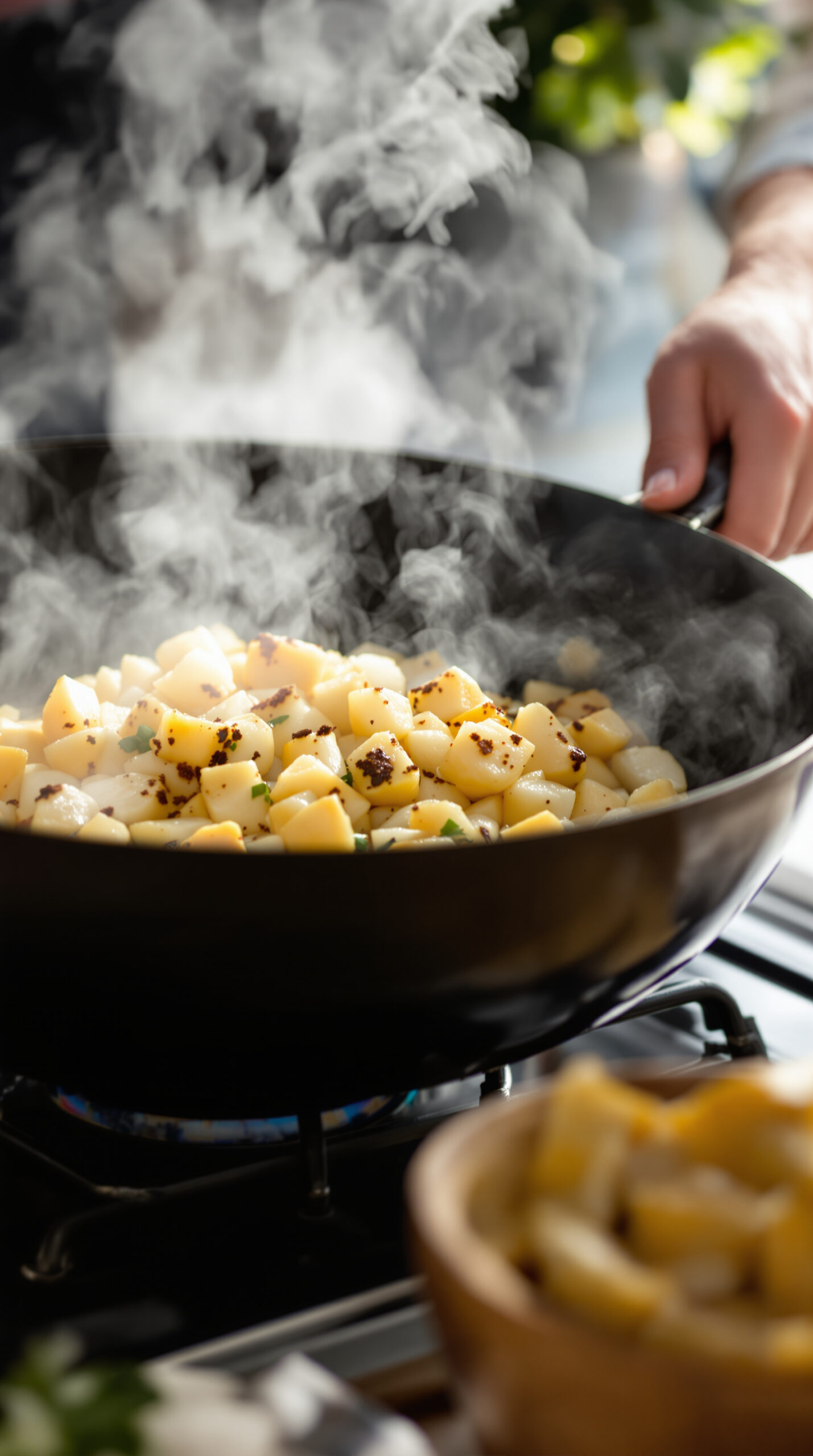 Main mélangeant des morceaux de chou-fleur et de pommes de terre enrobés d'épices dorées dans un wok