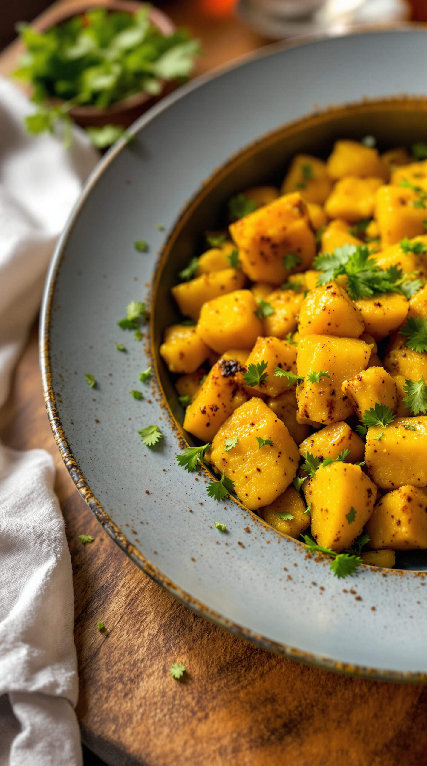 Plat en cuivre martelé indien rempli d'aloo gobi doré aux épices avec coriandre fraîche