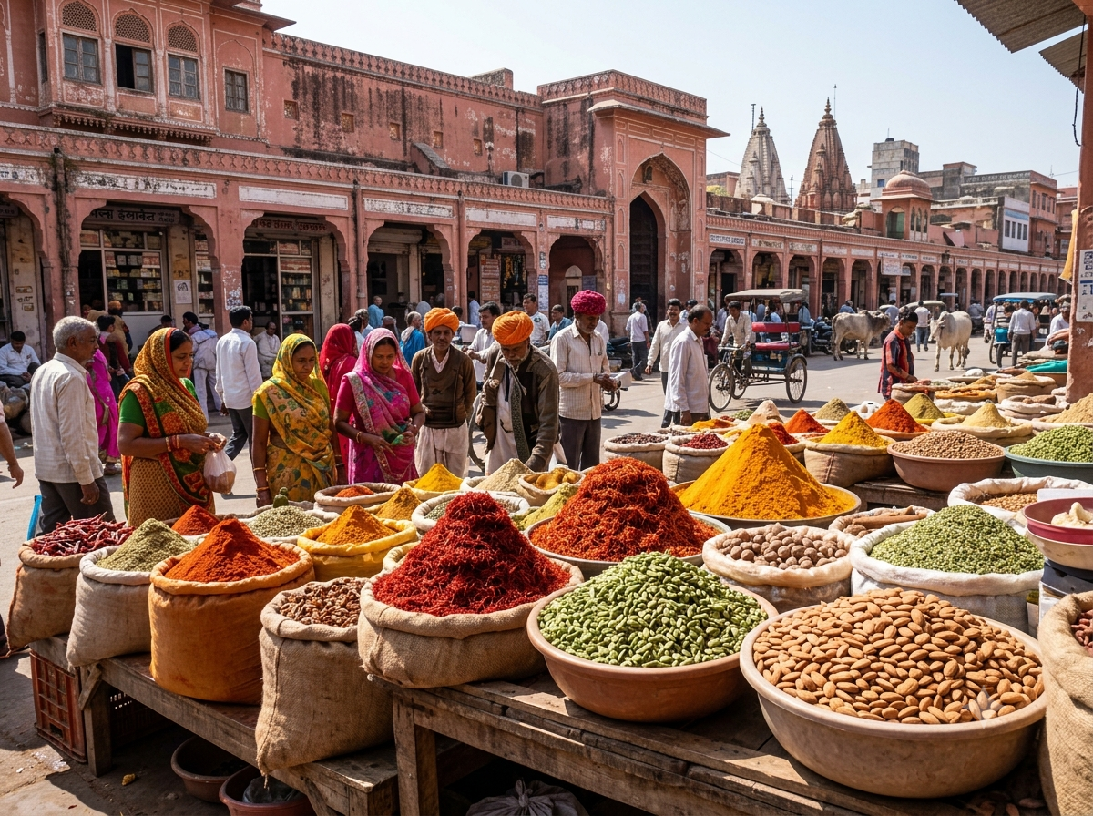 Marché aux épices à Jaipur avec monticules colorés de safran, cardamome et amandes