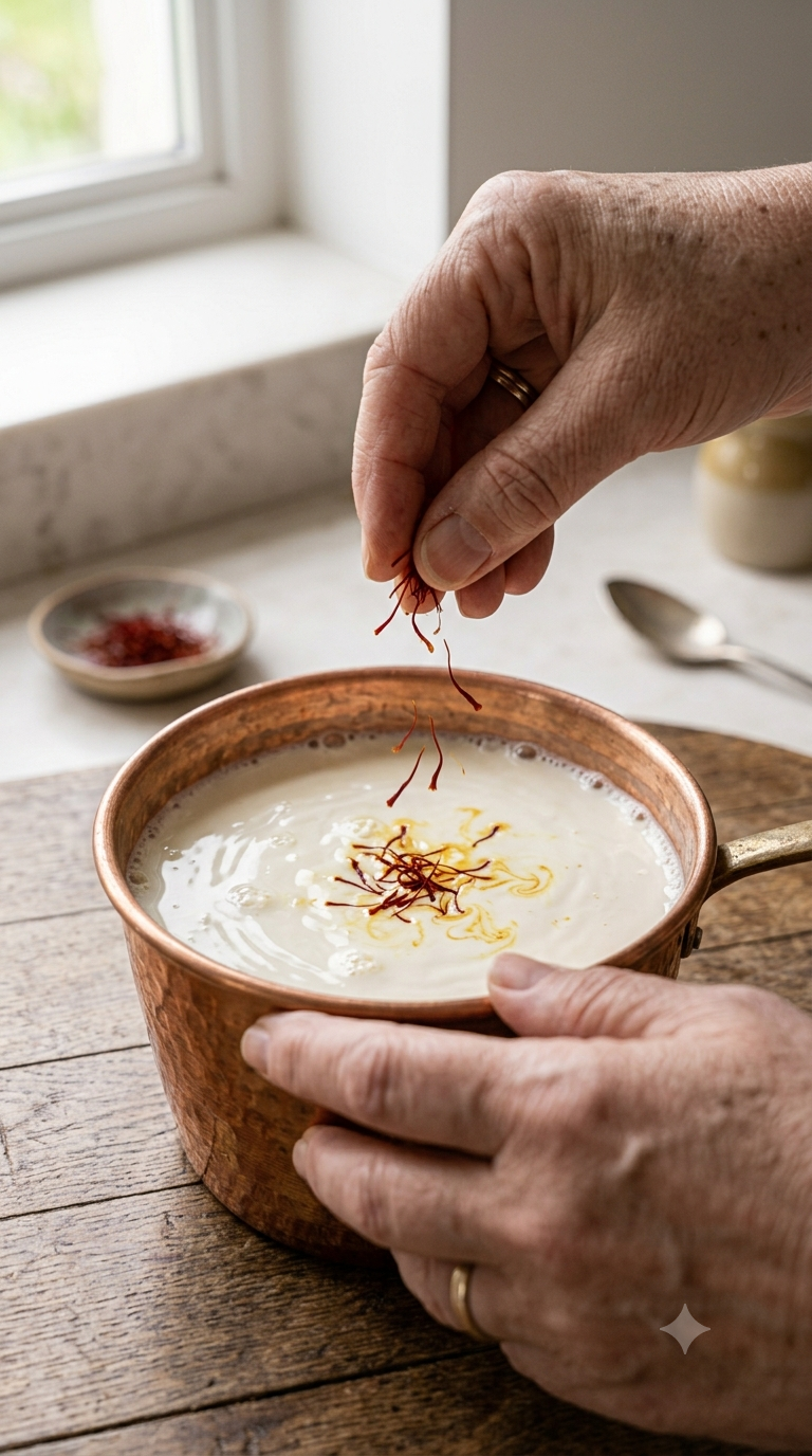 Mains versant des filaments de safran dans une casserole de lait chaud frémissant