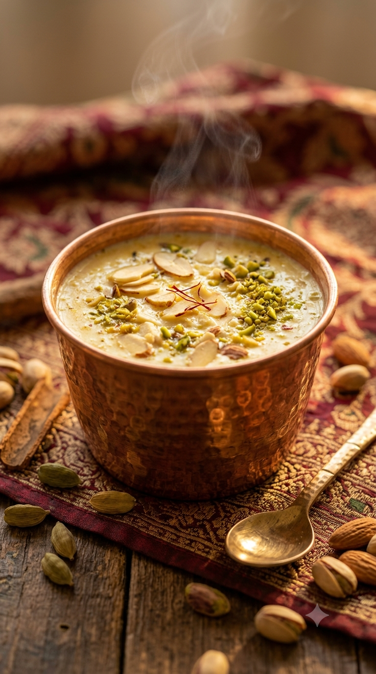Coupelle en cuivre remplie de kheer fumant garni d'amandes, pistaches et safran