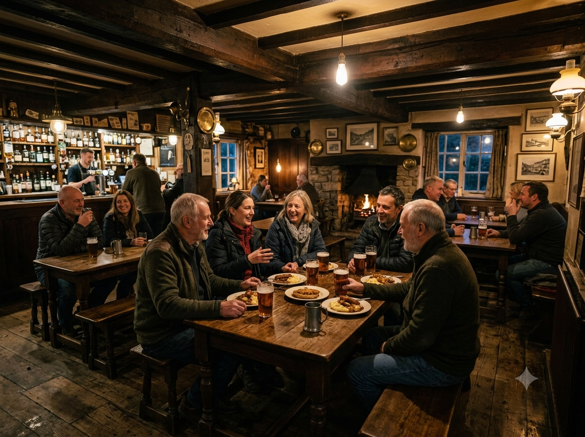 Intérieur chaleureux d'un pub anglais traditionnel en fin de soirée avec tables en bois sombre