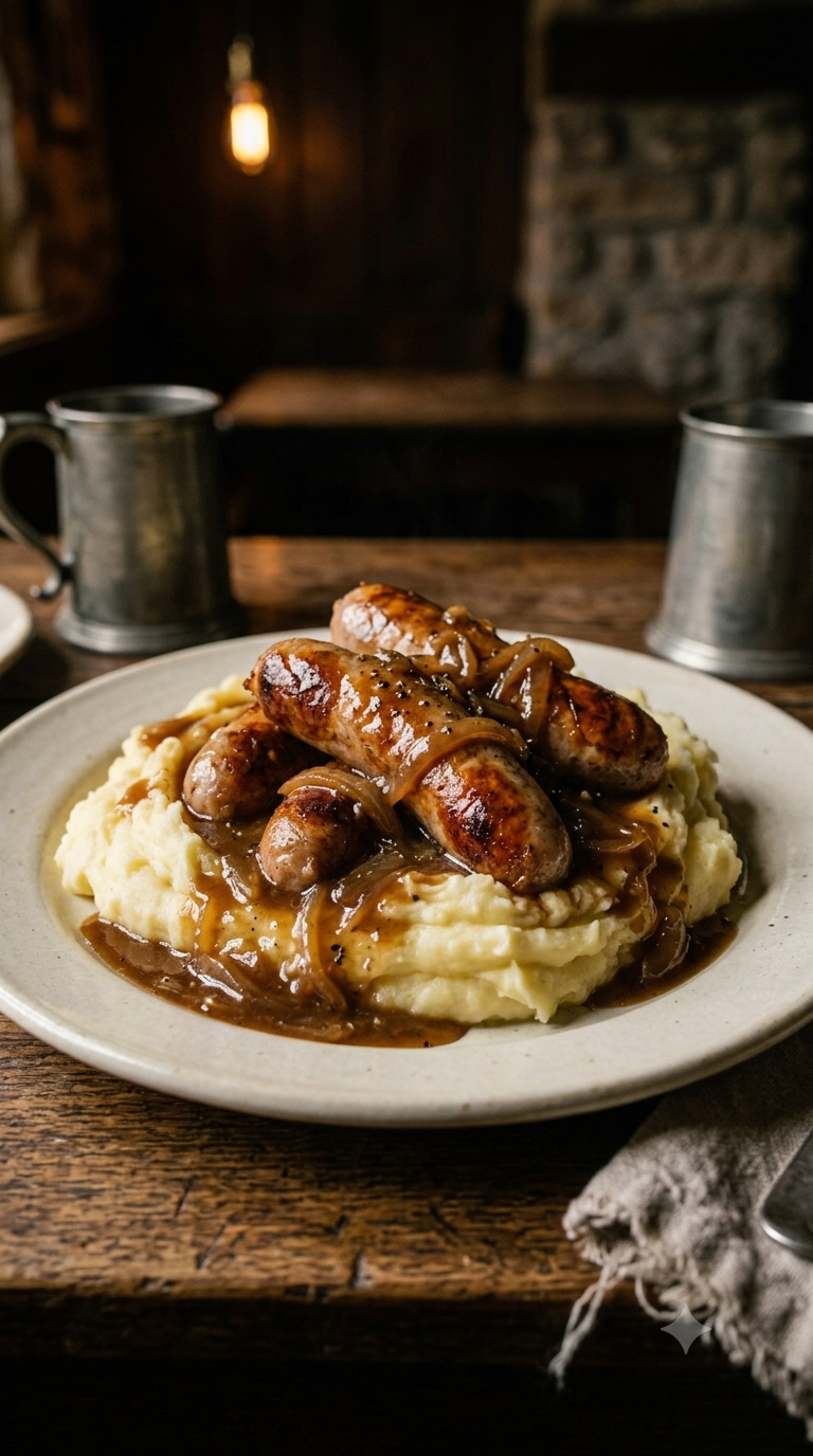 Saucisses anglaises dorées posées sur une purée de pommes de terre crémeuse, nappées de sauce à l'oignon