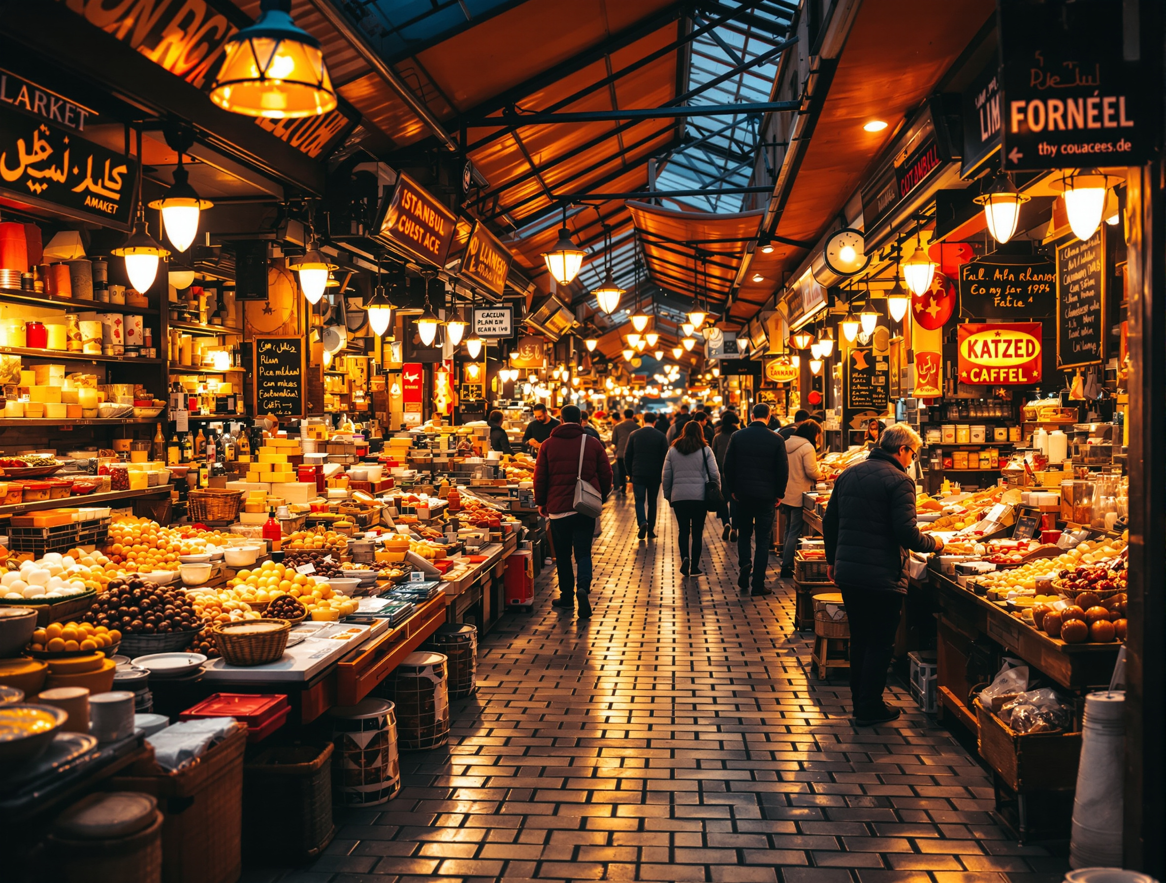 Marché couvert animé d'Istanbul avec étals colorés de fromages, épices et pâtisseries salées