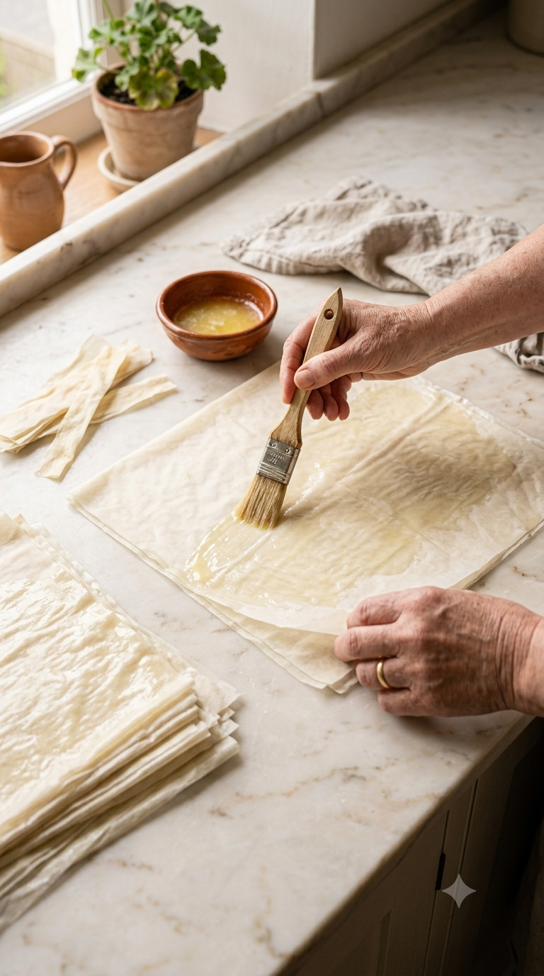 Mains badigeonnant une feuille de pâte filo de beurre fondu au pinceau