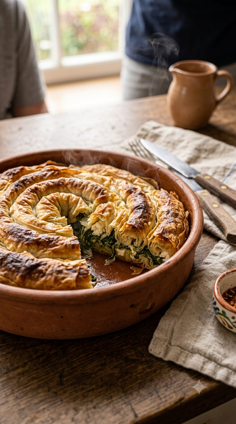 Börek dans un plat en terre cuite, part tranchée révélant les couches de pâte filo dorée et la garniture aux épinards et feta