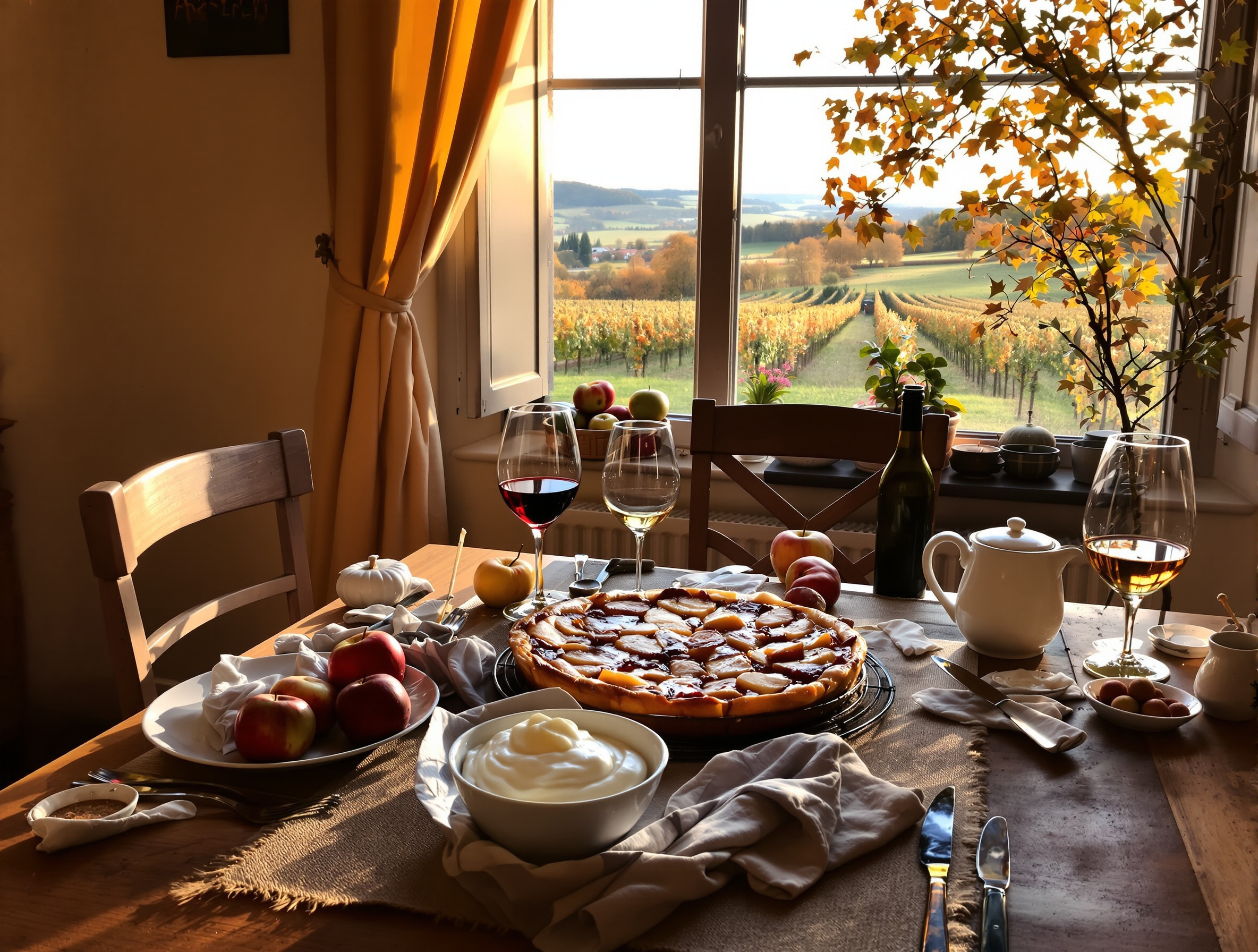 Tarte Tatin posée sur une table de ferme en Sologne, ambiance chaleureuse de fin de repas d'automne
