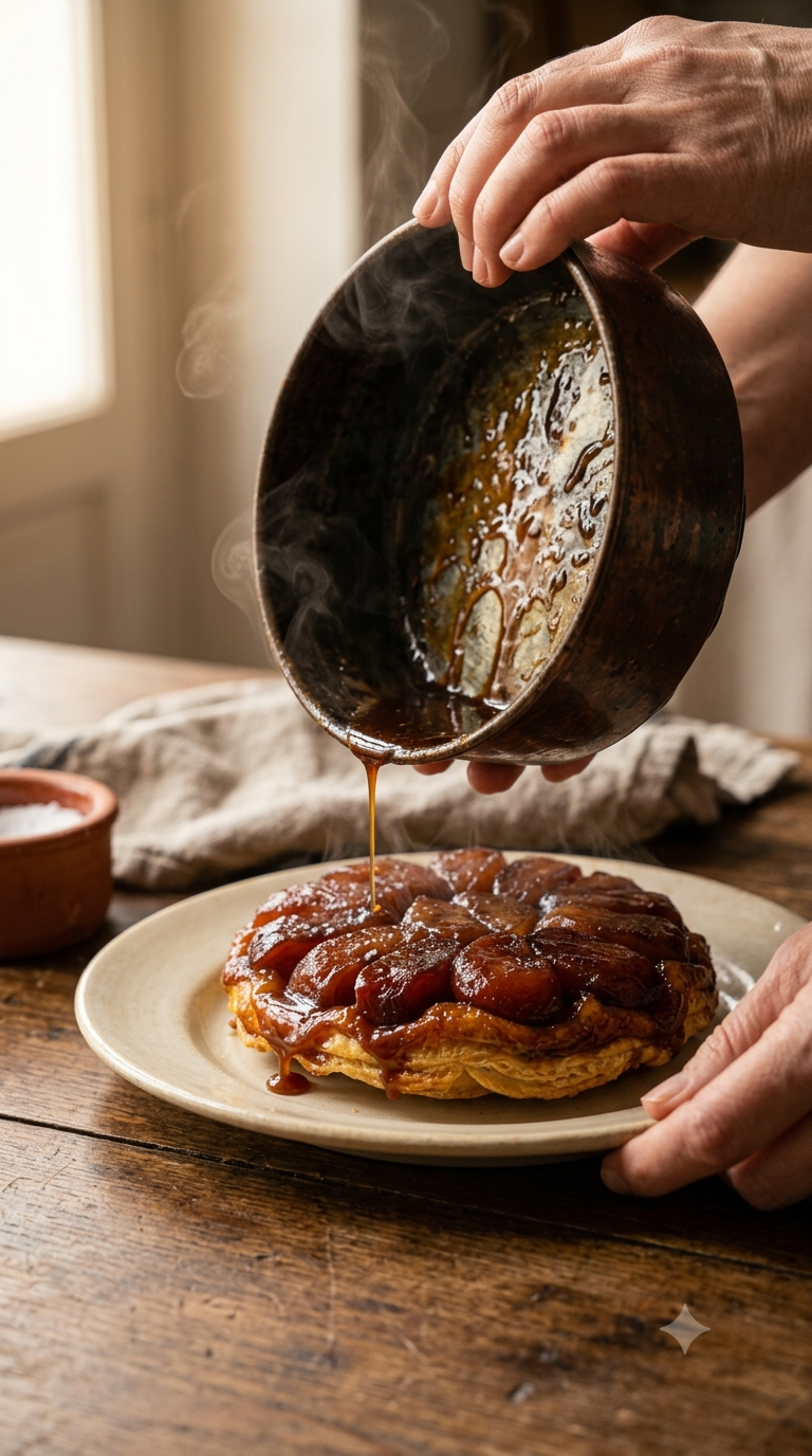 Mains renversant la tarte Tatin d'un moule en cuivre vers une assiette, caramel encore fumant