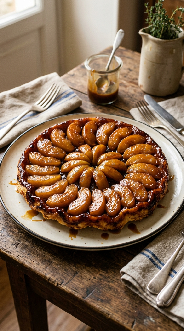 Tarte Tatin démoulée avec ses pommes caramélisées dorées sur une pâte feuilletée croustillante