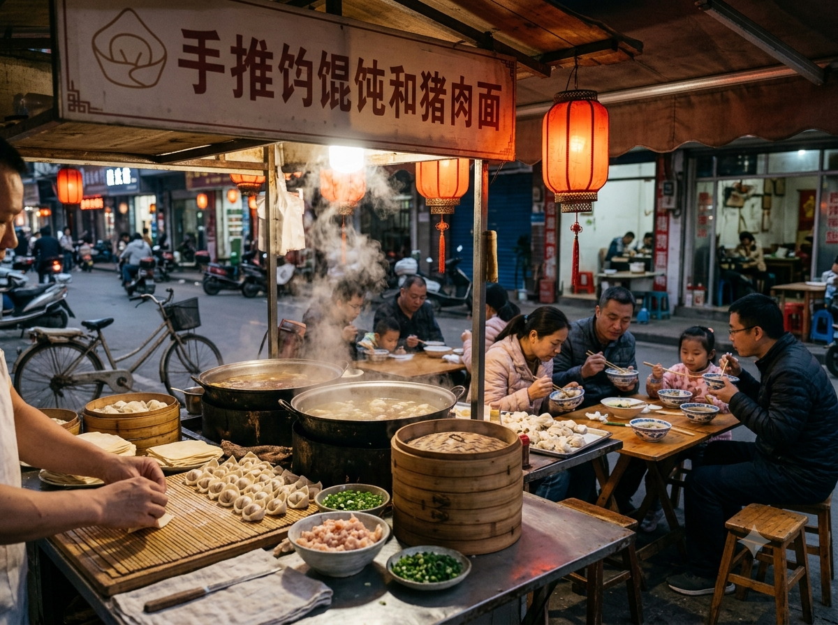 Échoppe de rue chinoise en soirée avec lanternes rouges et vapeur s'échappant des marmites de bouillon