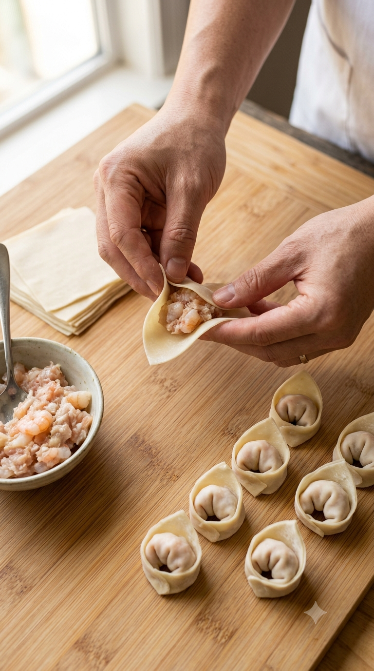 Mains pliant une feuille de wonton autour d'une farce de crevettes et de porc