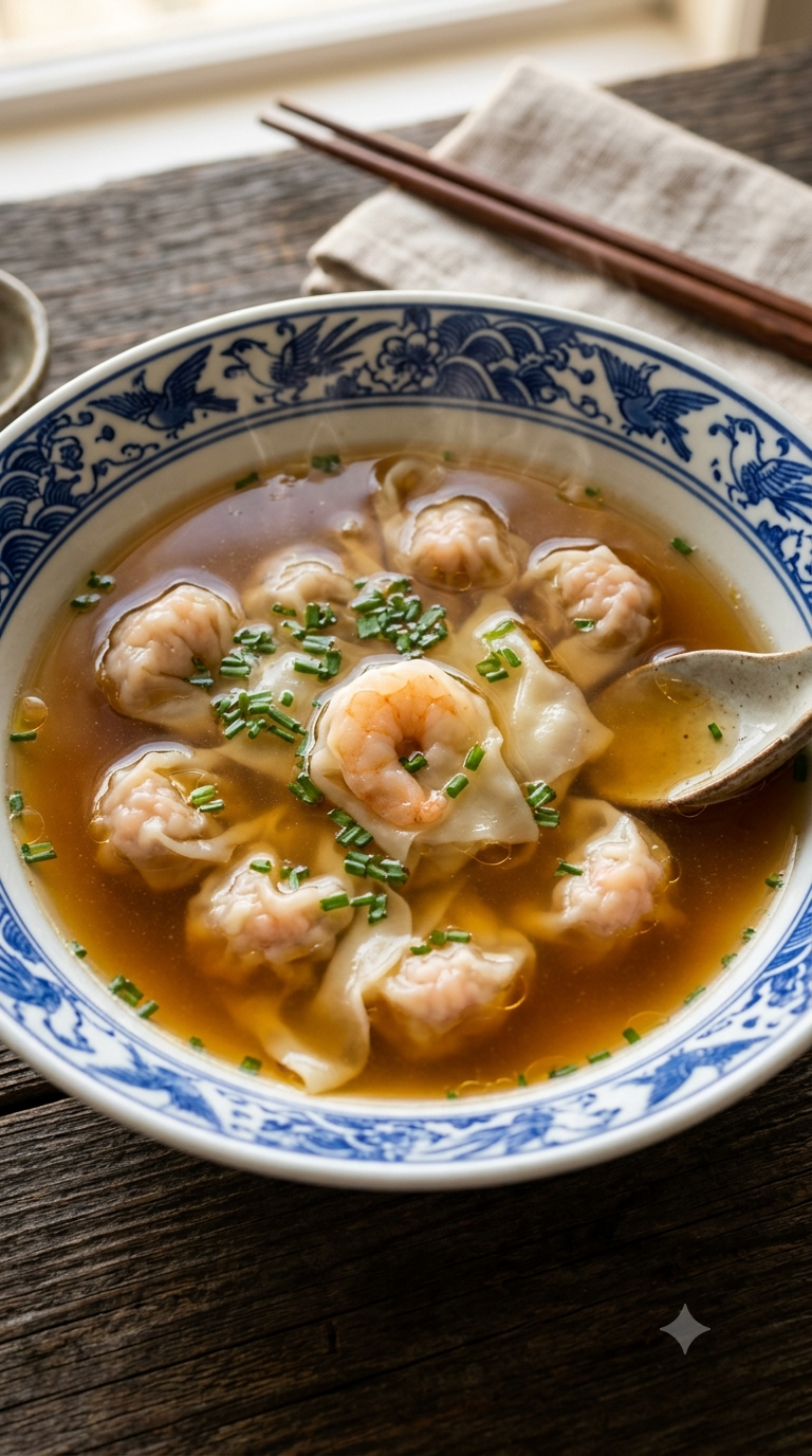 Bol de wontons translucides baignant dans un bouillon de poulet clair et fumant