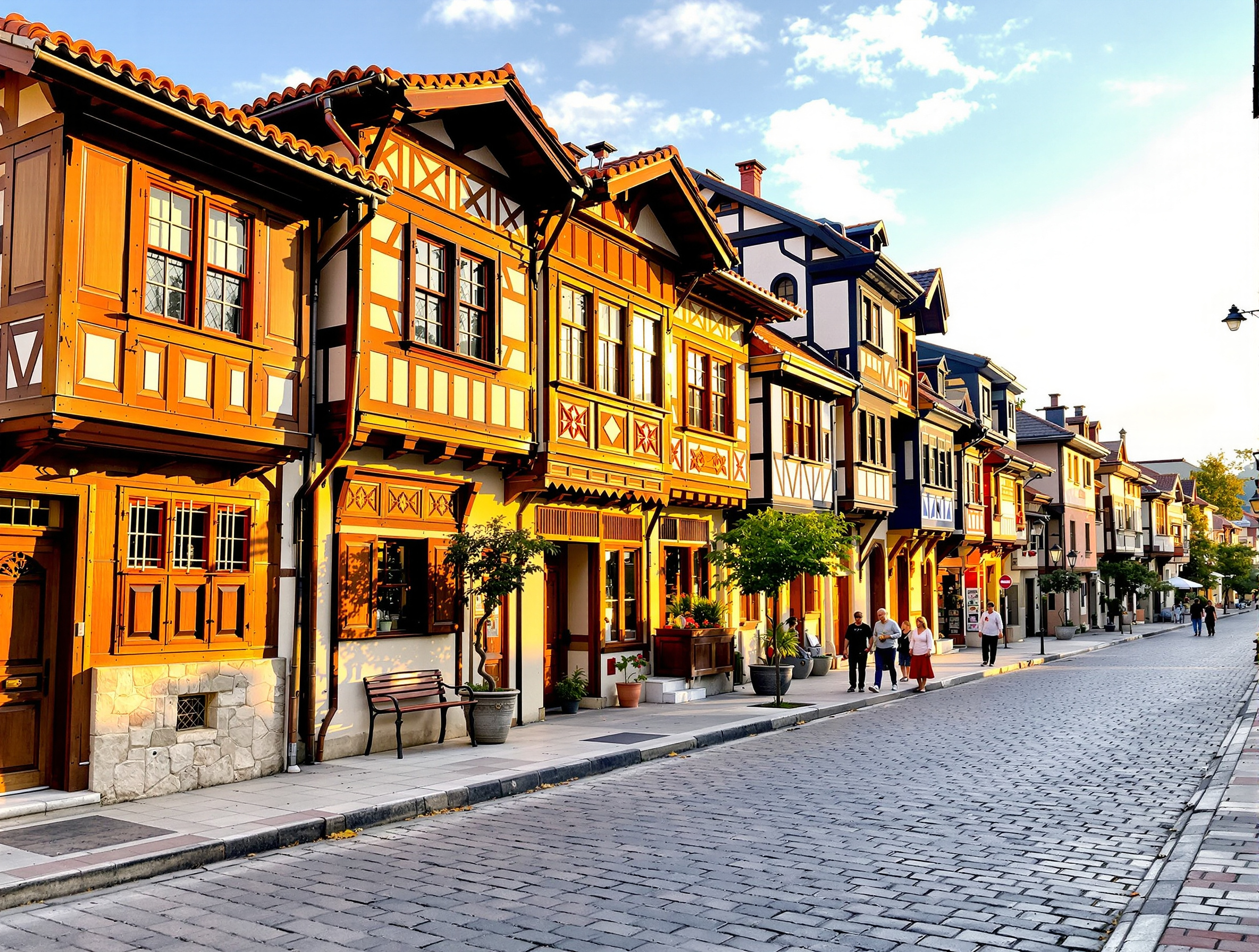 Rue de la vieille ville de Plovdiv avec maisons traditionnelles bulgares aux façades en bois sculpté