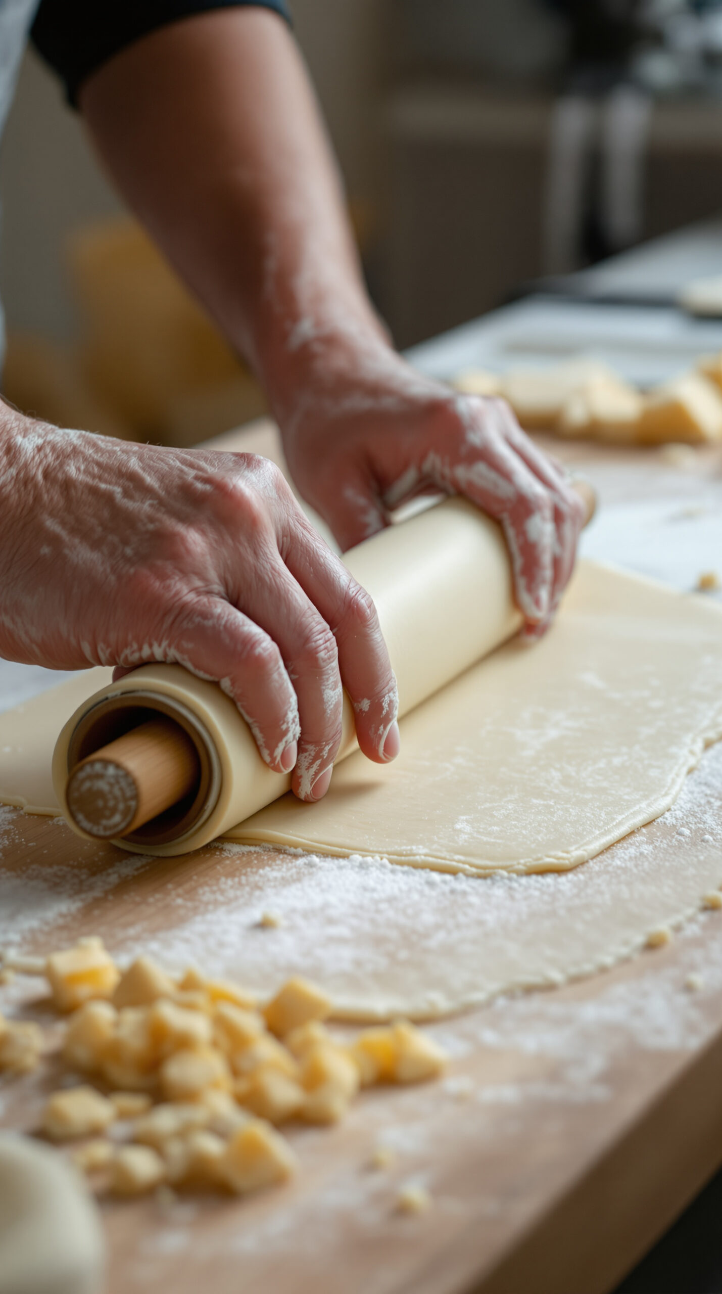 Mains roulant une feuille de pâte filo garnie de fromage émietté et d'œuf battu