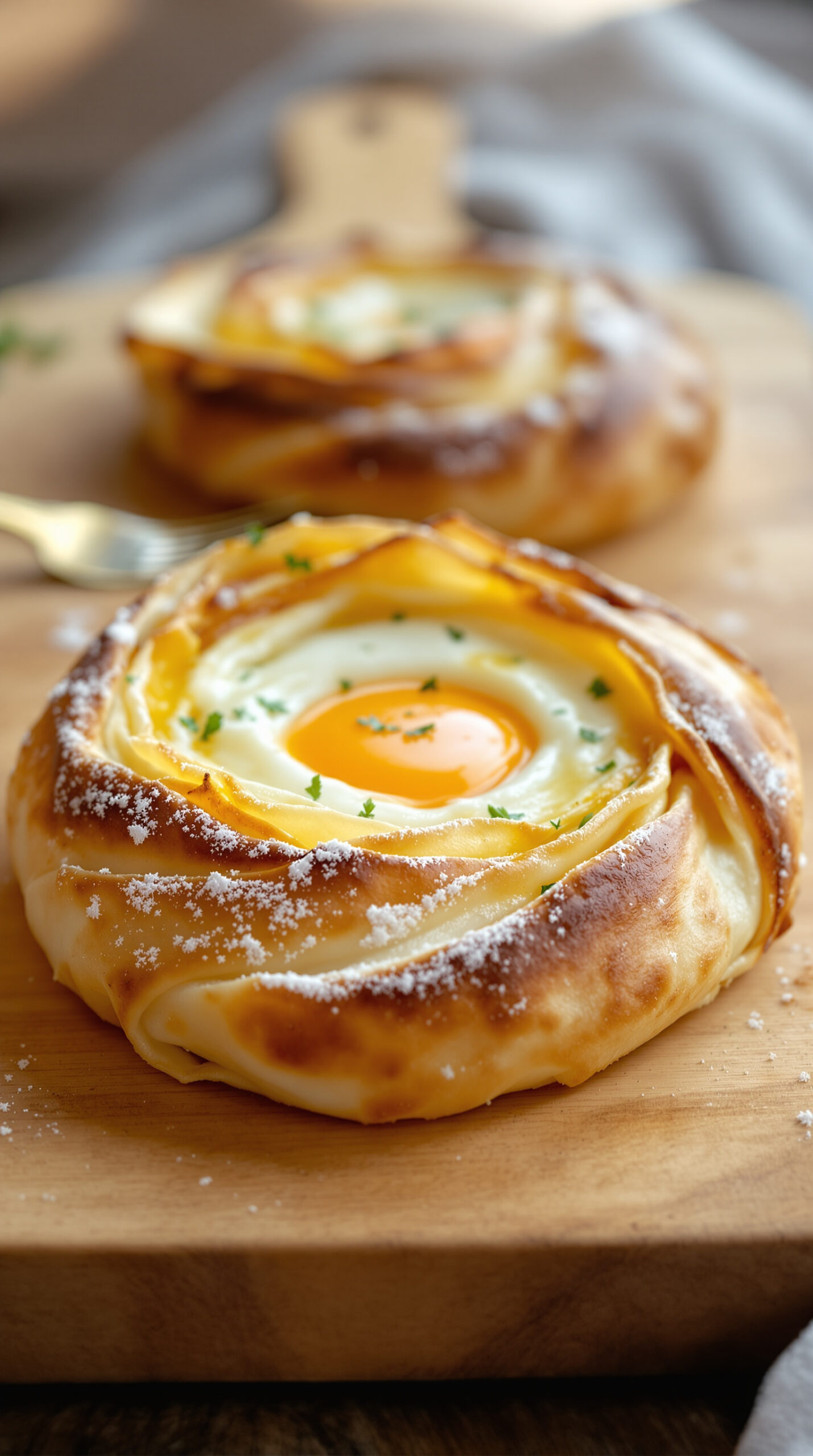 Part de banitsa dorée révélant ses couches de pâte filo enroulées autour du fromage et de l'œuf