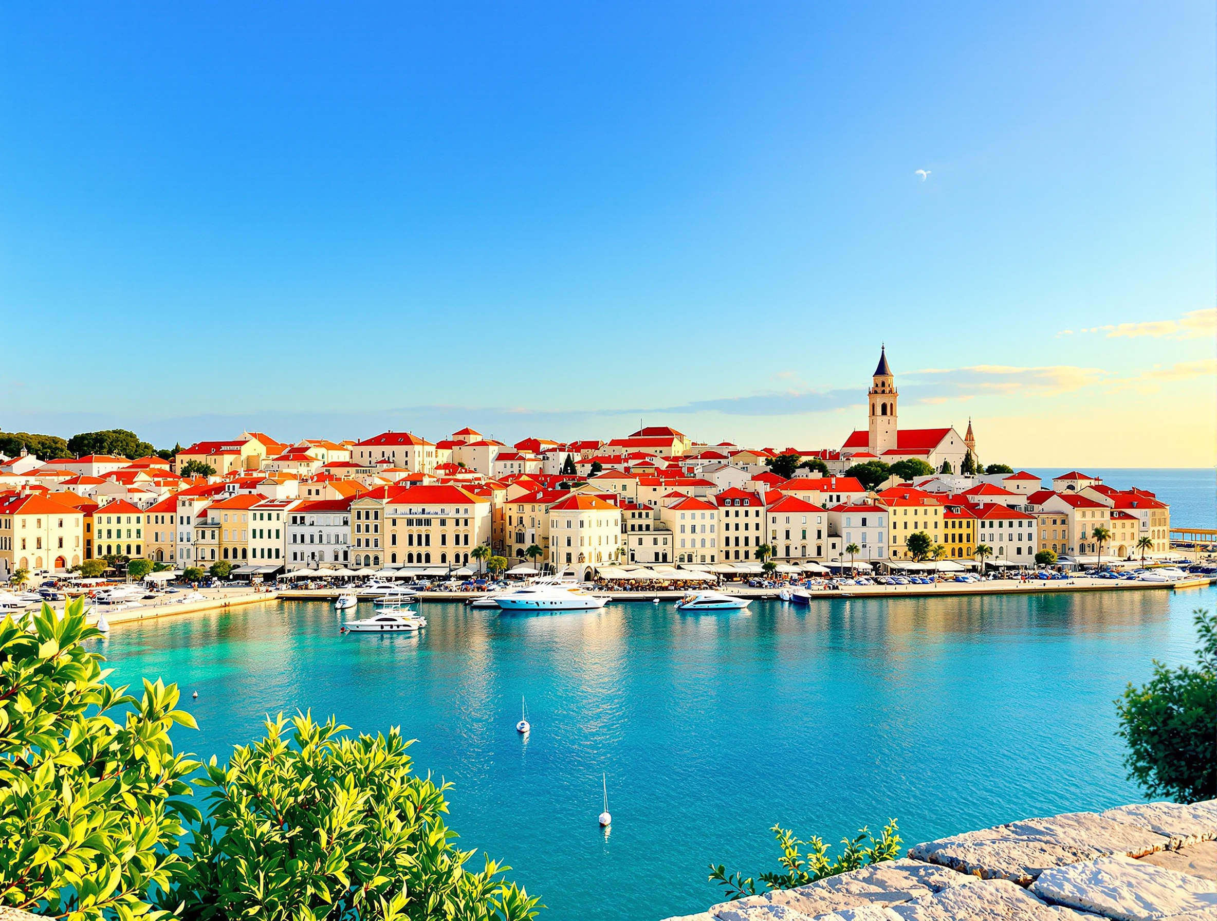 Vieille ville de Split en Croatie avec façades en pierre claire et mer Adriatique turquoise