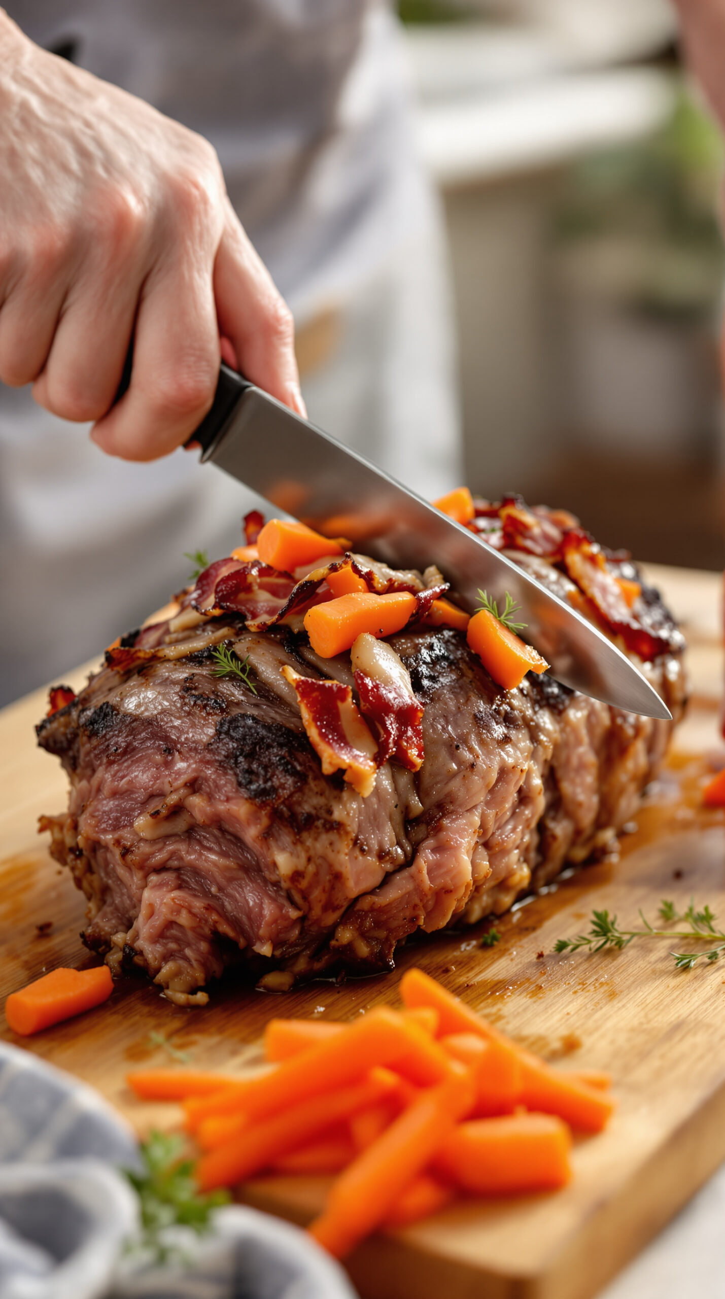 Mains piquant des lardons et des bâtonnets de carotte dans un rôti de bœuf