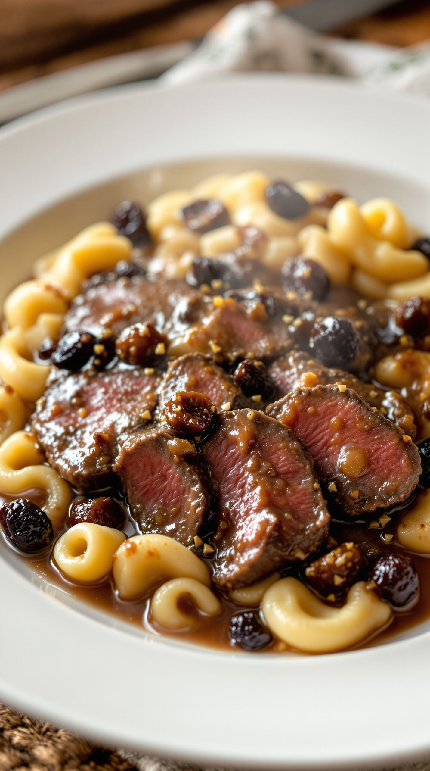 Tranches de bœuf fumantes nappées d'une sauce sombre et riche parsemée de pruneaux avec gnocchi