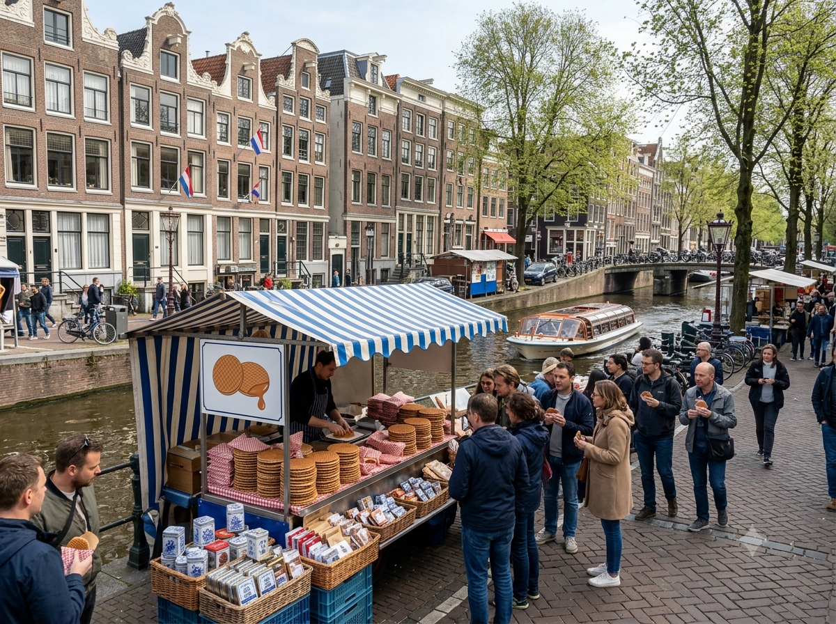 Marché de rue à Amsterdam avec un stand de stroopwafels, canal et façades typiques hollandaises