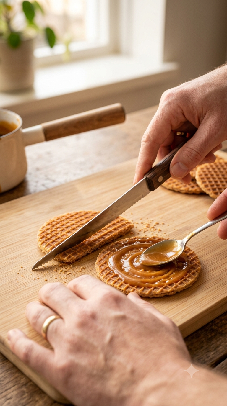 Mains tranchant une gaufre chaude en deux disques et étalant un sirop de caramel doré