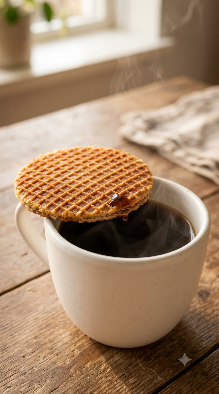 Stroopwafel doré posé en équilibre sur une tasse de café fumant