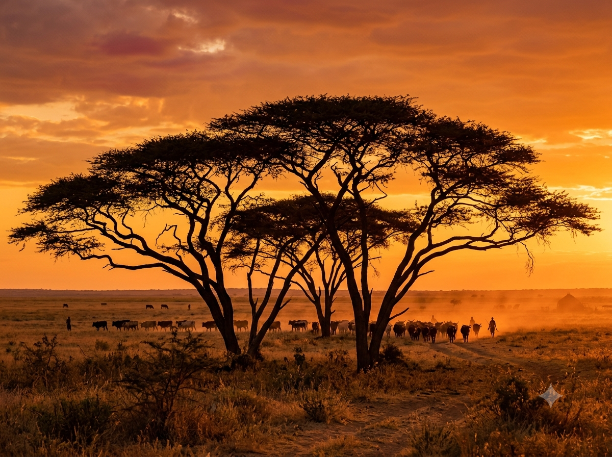 Savane du Botswana au coucher du soleil avec silhouettes d'acacias et troupeau de bétail