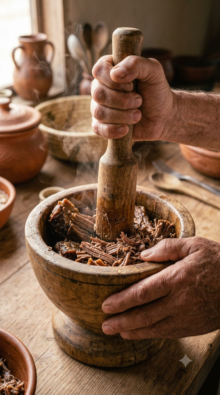 Mains pilant des morceaux de bœuf longuement cuit dans un mortier en bois traditionnel