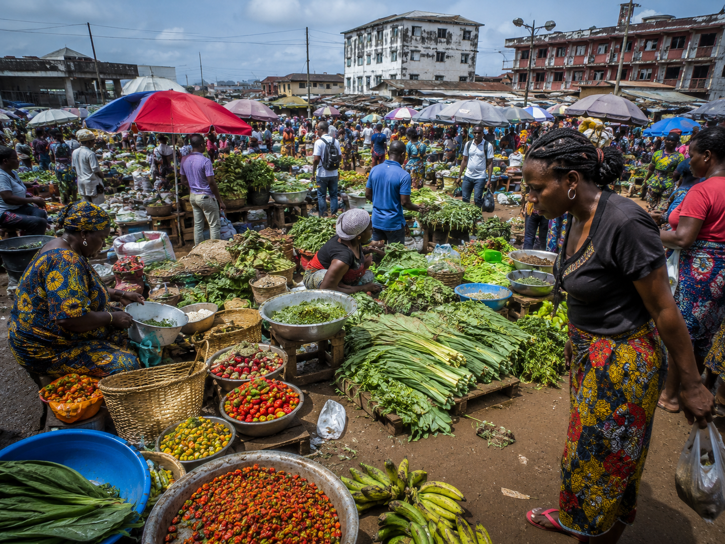 Marché animé à Douala avec étals colorés de légumes verts et d'épices