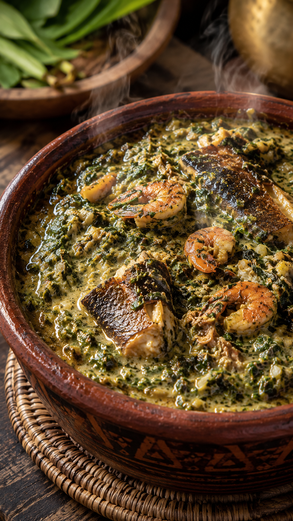 Plat en terre cuite africaine rempli de ndolé fumant avec poisson fumé et crevettes séchées