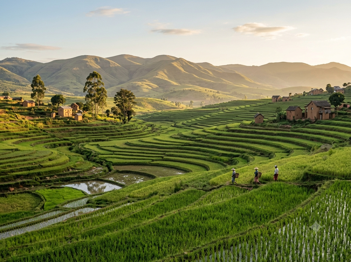 Rizières en terrasses verdoyantes dans les hautes terres de Madagascar