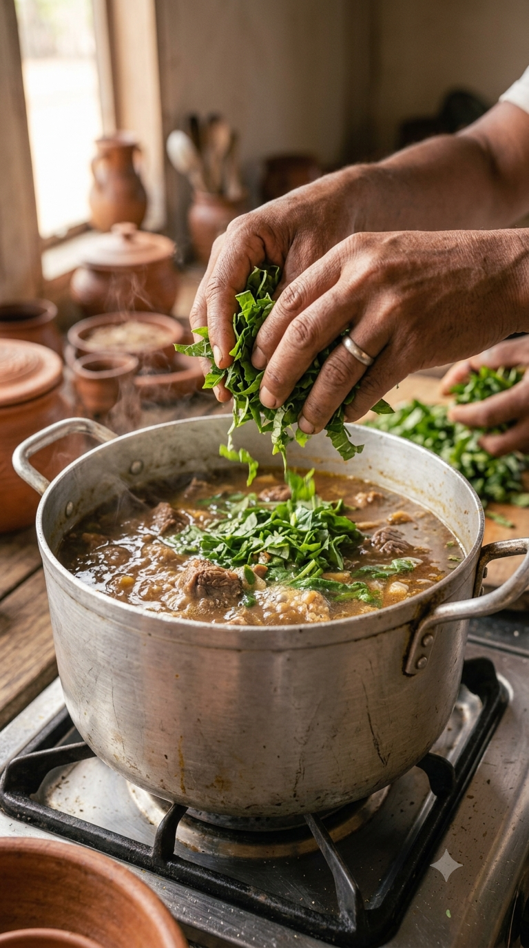Mains ajoutant des feuilles vertes fraîchement ciselées dans une marmite de bouillon de bœuf