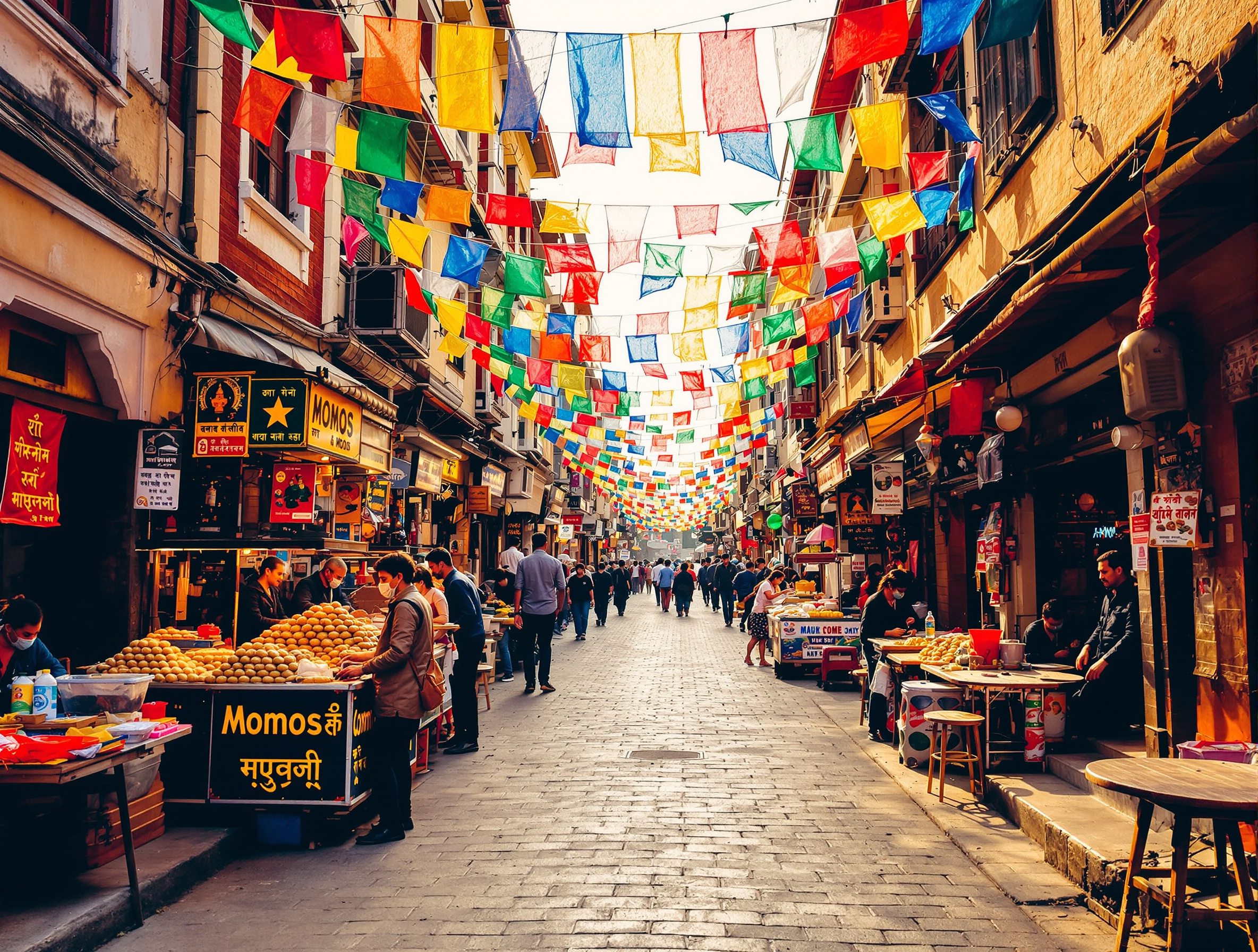 Ruelle animée de Katmandou avec échoppes de rue et drapeaux de prière colorés