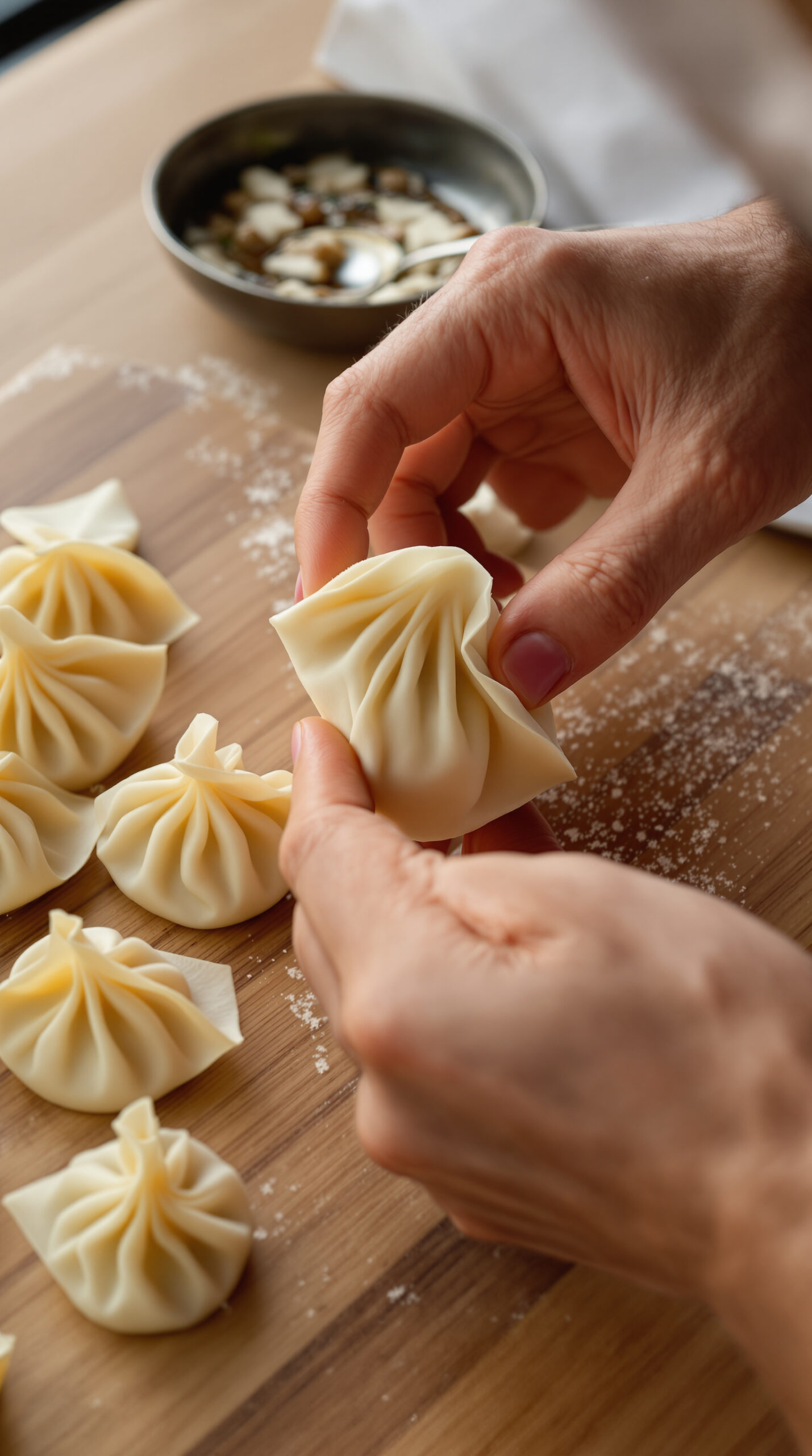 Mains plissant délicatement les bords d'un momo farci pour former les plis caractéristiques