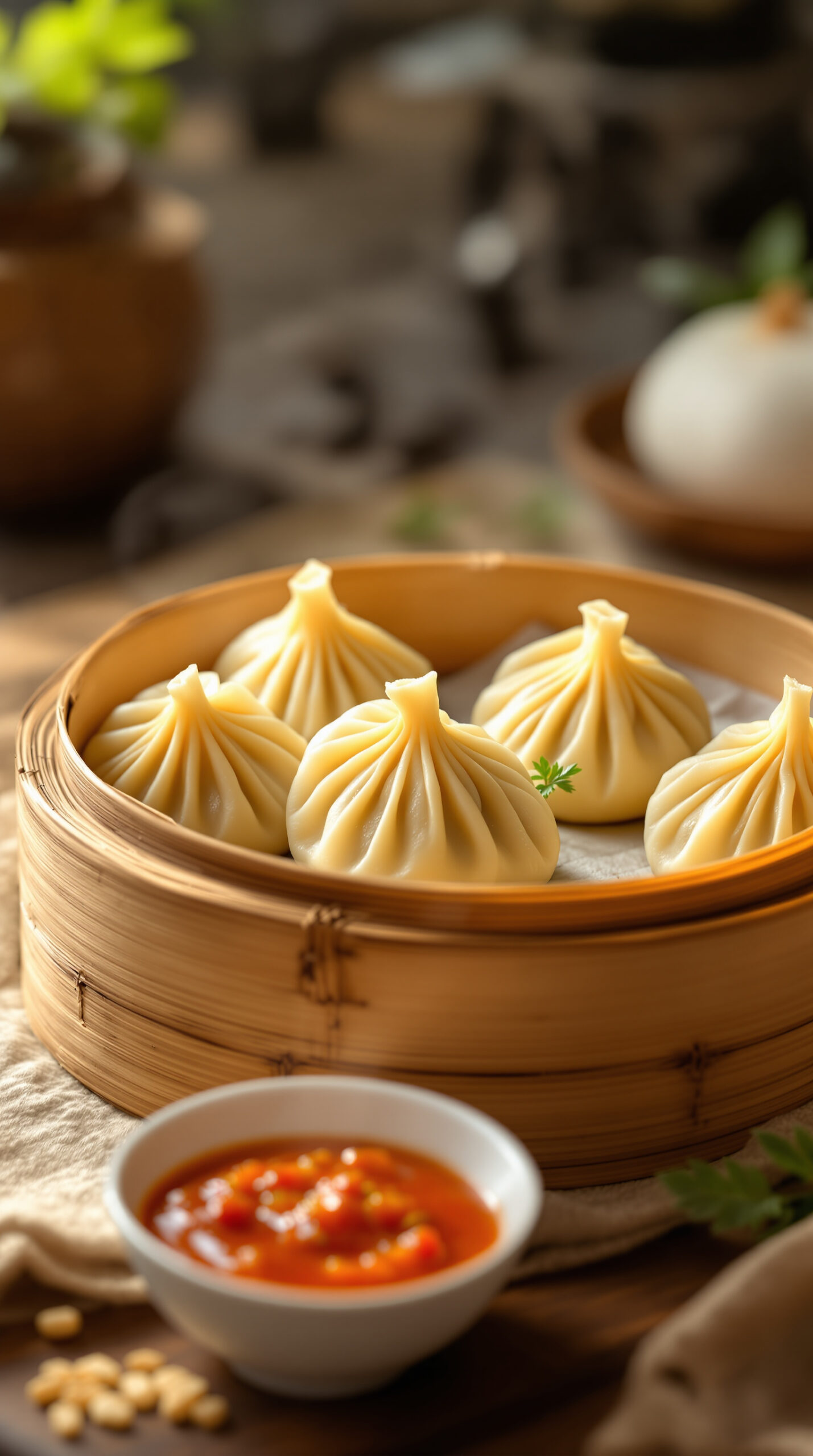 Panier vapeur en bambou rempli de momos plissés et fumants avec sauce tomate épicée