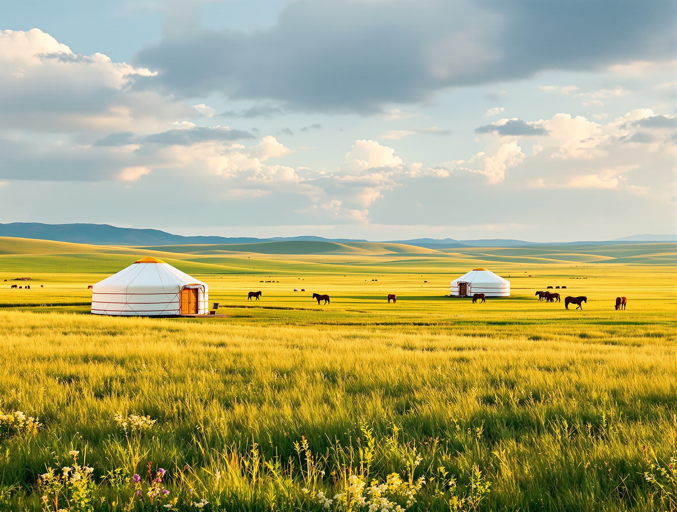 Steppe mongole verdoyante avec yourtes blanches traditionnelles et chevaux au loin
