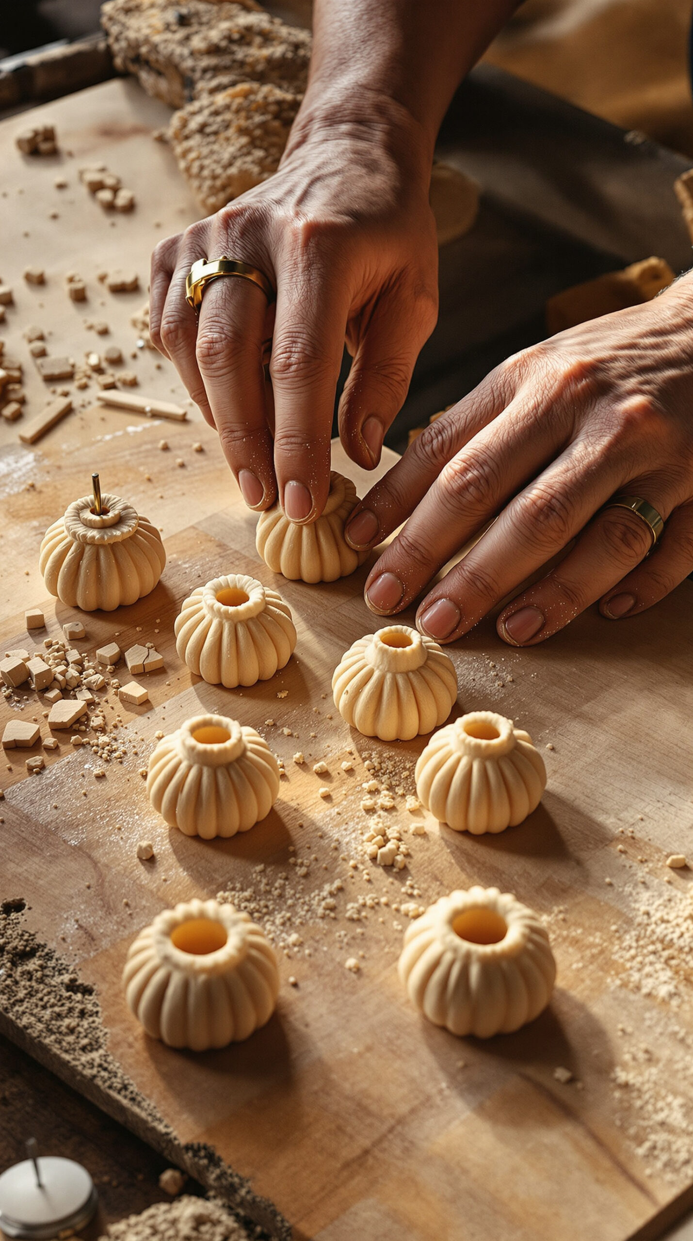 Mains pinçant le sommet d'un buuz farci pour former la petite ouverture caractéristique