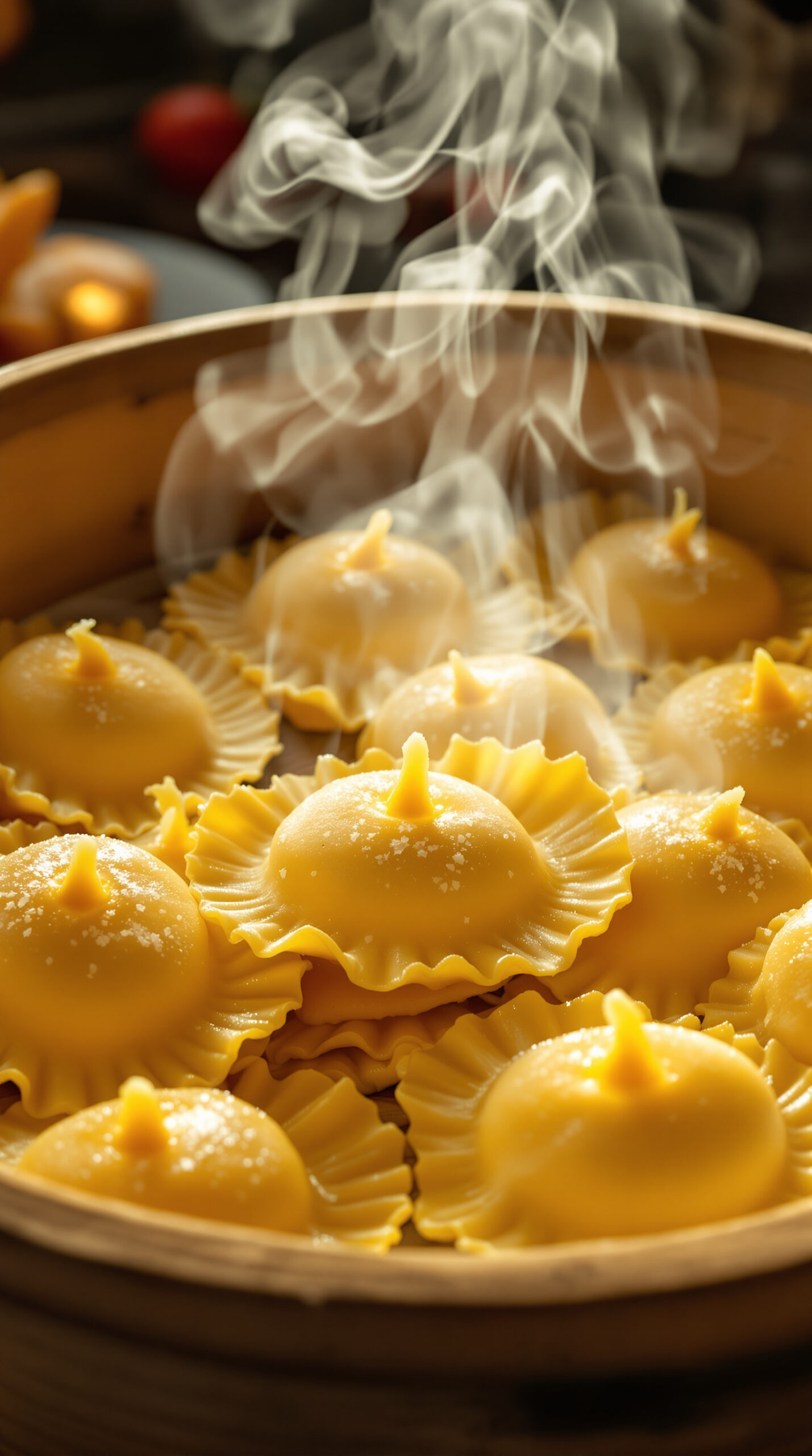 Plusieurs buuz vapeur fumants avec leur petite ouverture pincée caractéristique