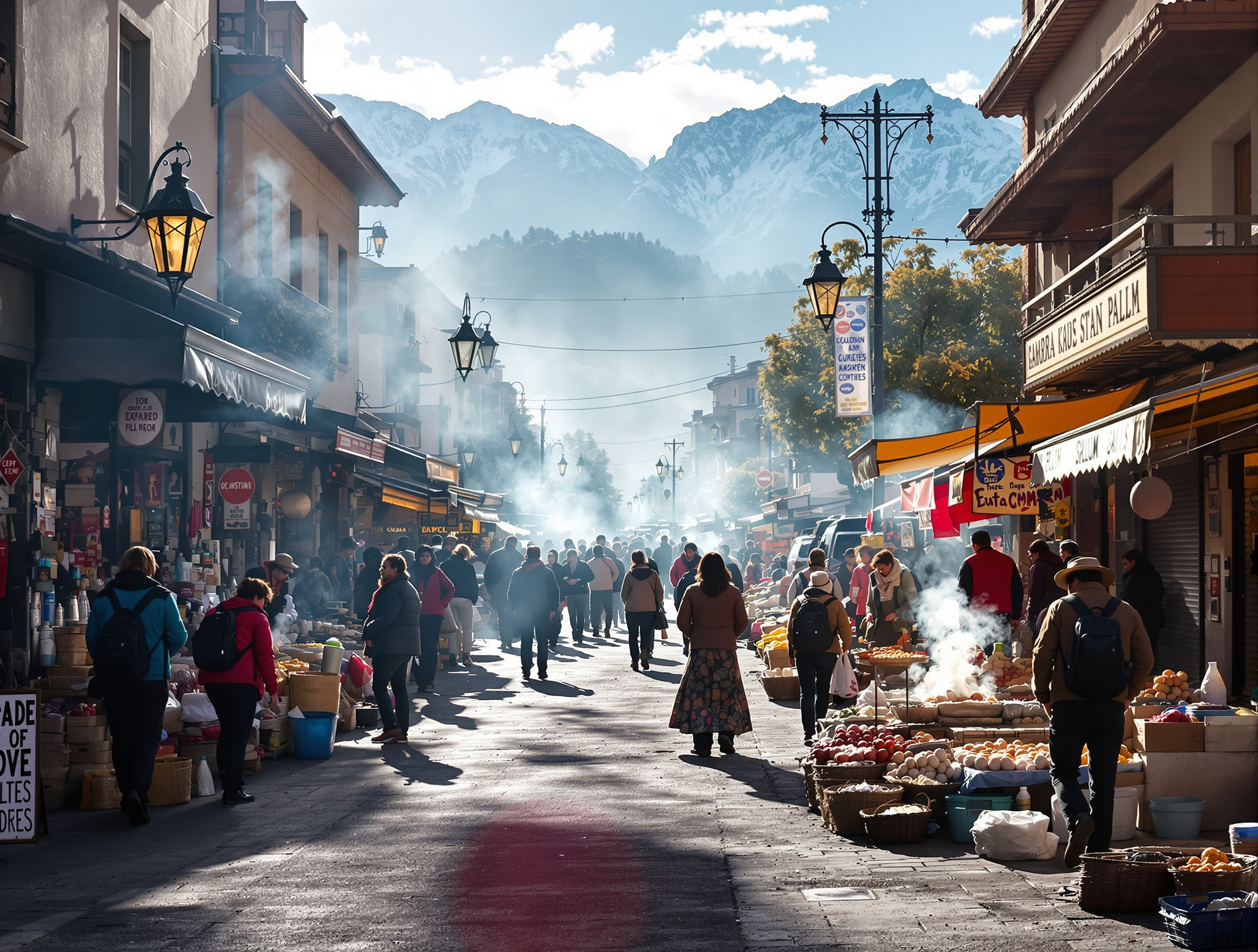 Marché matinal à La Paz avec étals de rue vendant des salteñas et montagnes andines en arrière-plan