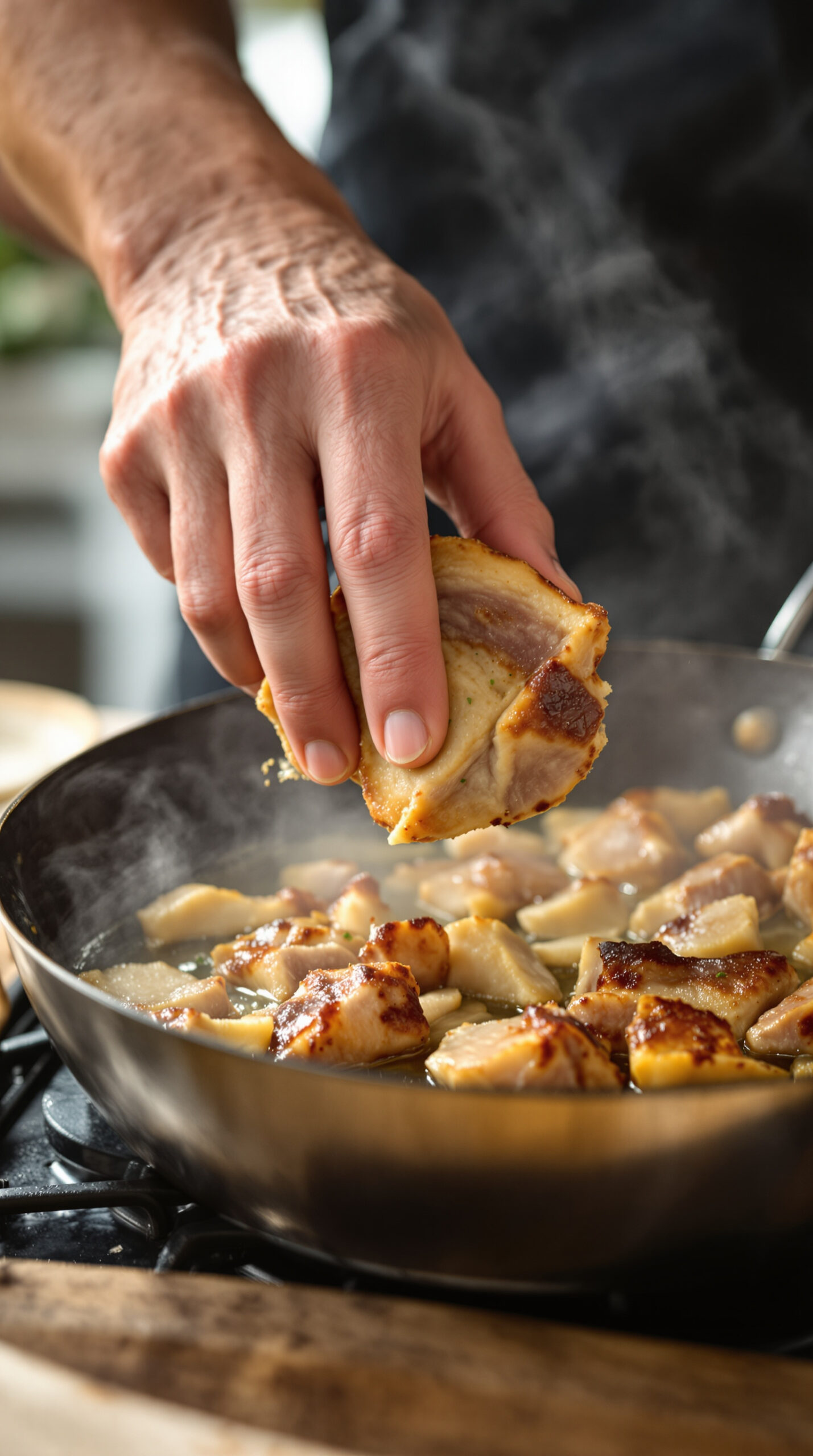Main retournant des morceaux de porc mariné dorant dans l'huile chaude