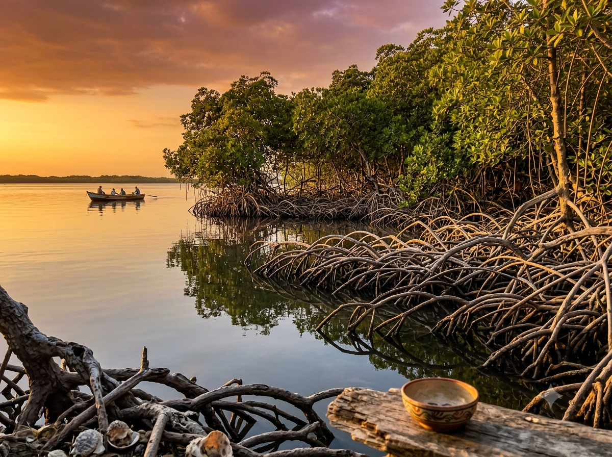 Mangroves du nord du Pérou avec eaux calmes et pêcheurs au loin en pirogue