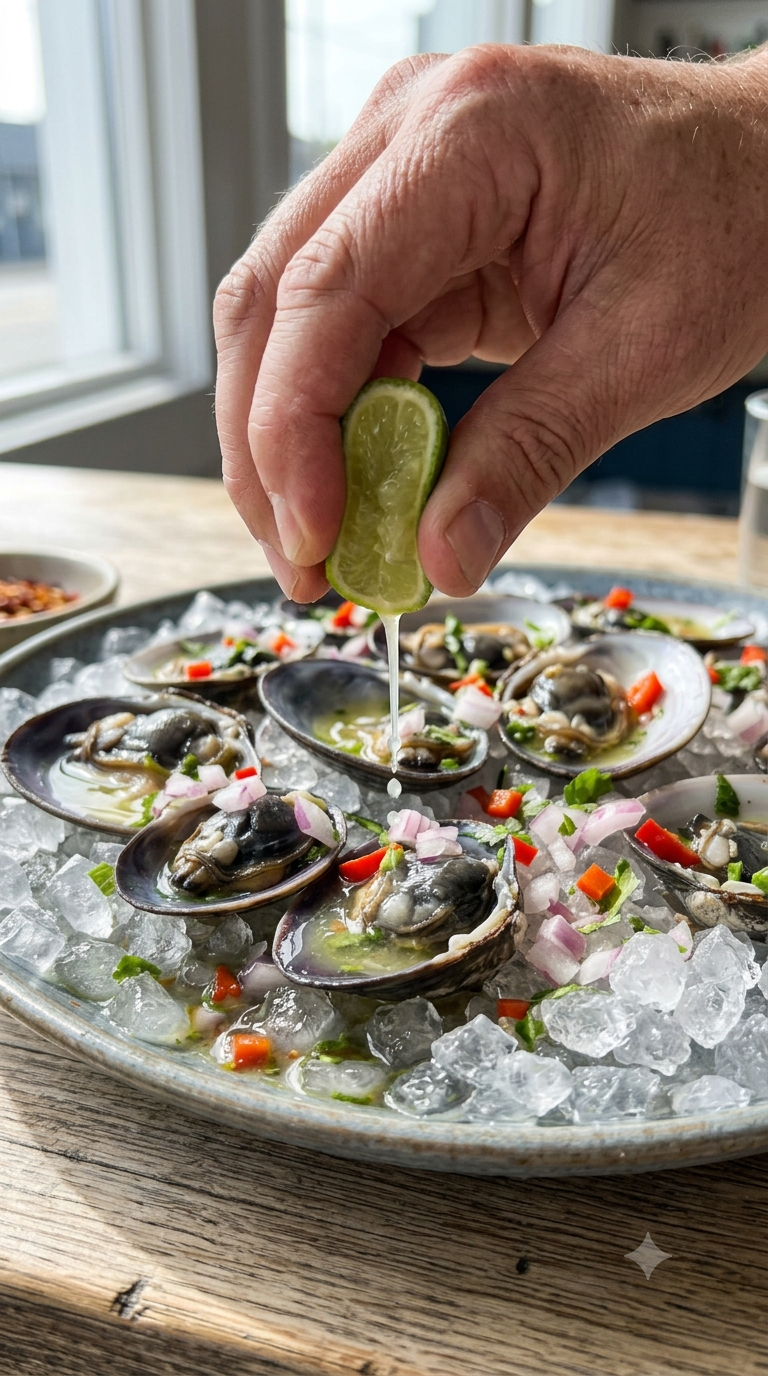 Main pressant un citron vert au-dessus de coquilles noires disposées dans un plat en verre
