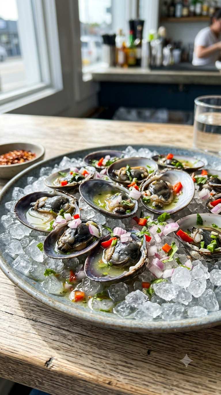 Coquilles noires marinées servies dans leur coquille naturelle sur un lit de glace pilée
