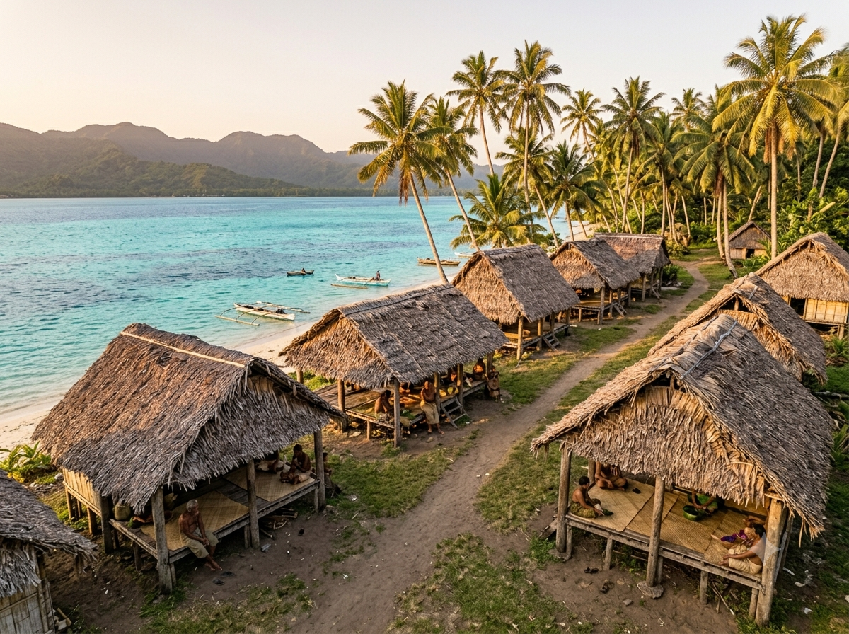 Village traditionnel samoan en bord de plage avec fale au toit de chaume et lagon turquoise