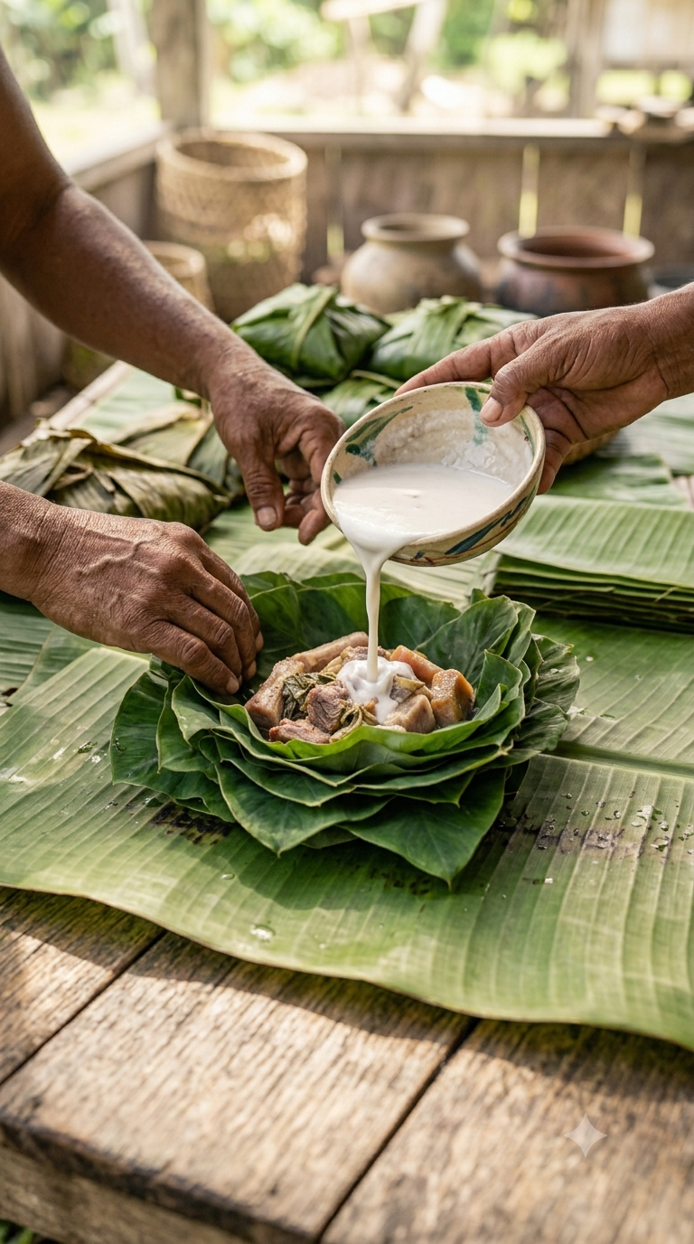 Mains superposant des feuilles de taro et versant du lait de coco crémeux au centre