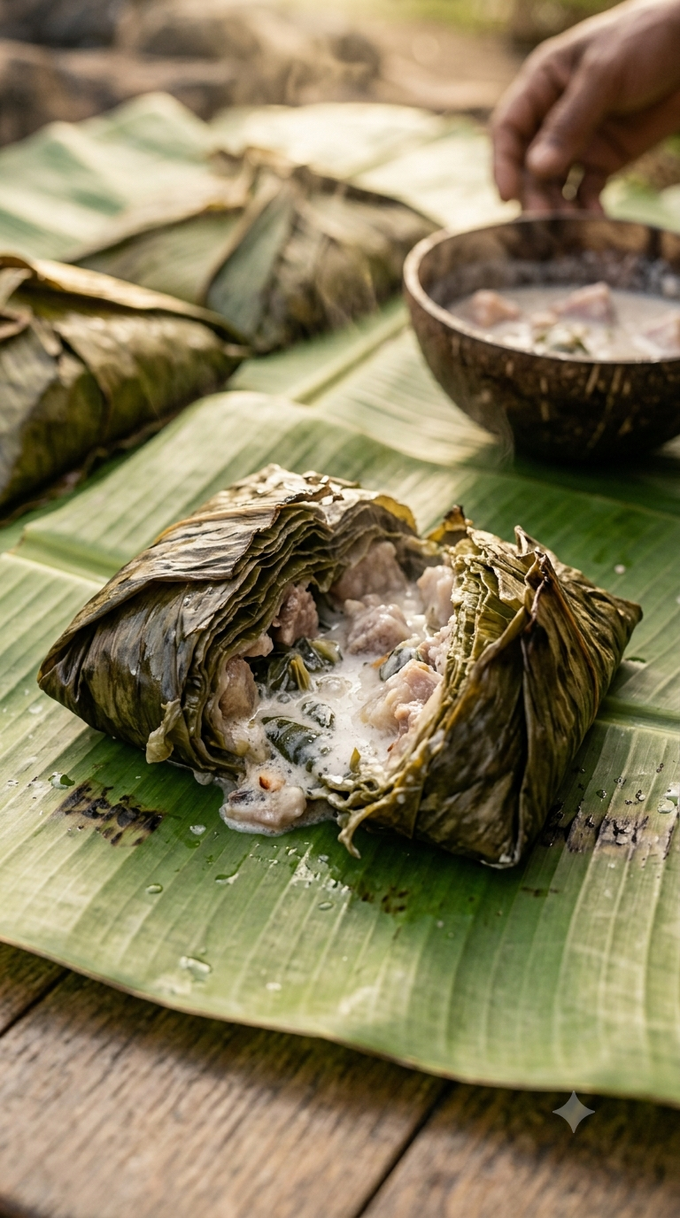 Palusami entrouvert révélant sa garniture crémeuse au lait de coco sur une feuille de bananier