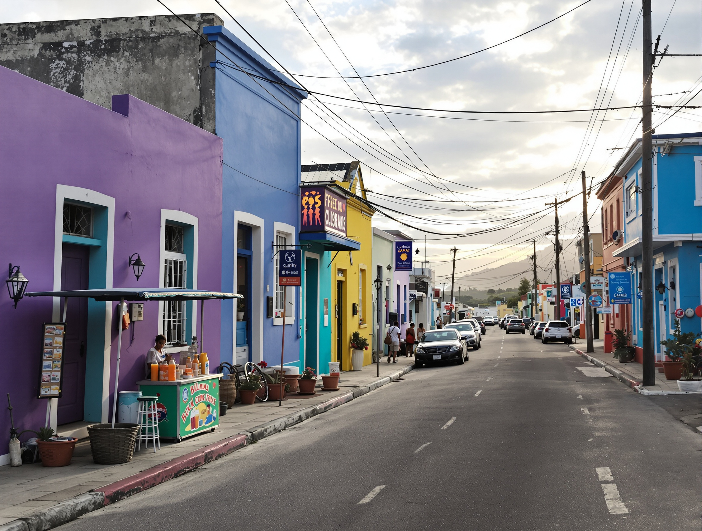 Rue colorée de Kingston en Jamaïque au petit matin avec façades peintes de couleurs vives